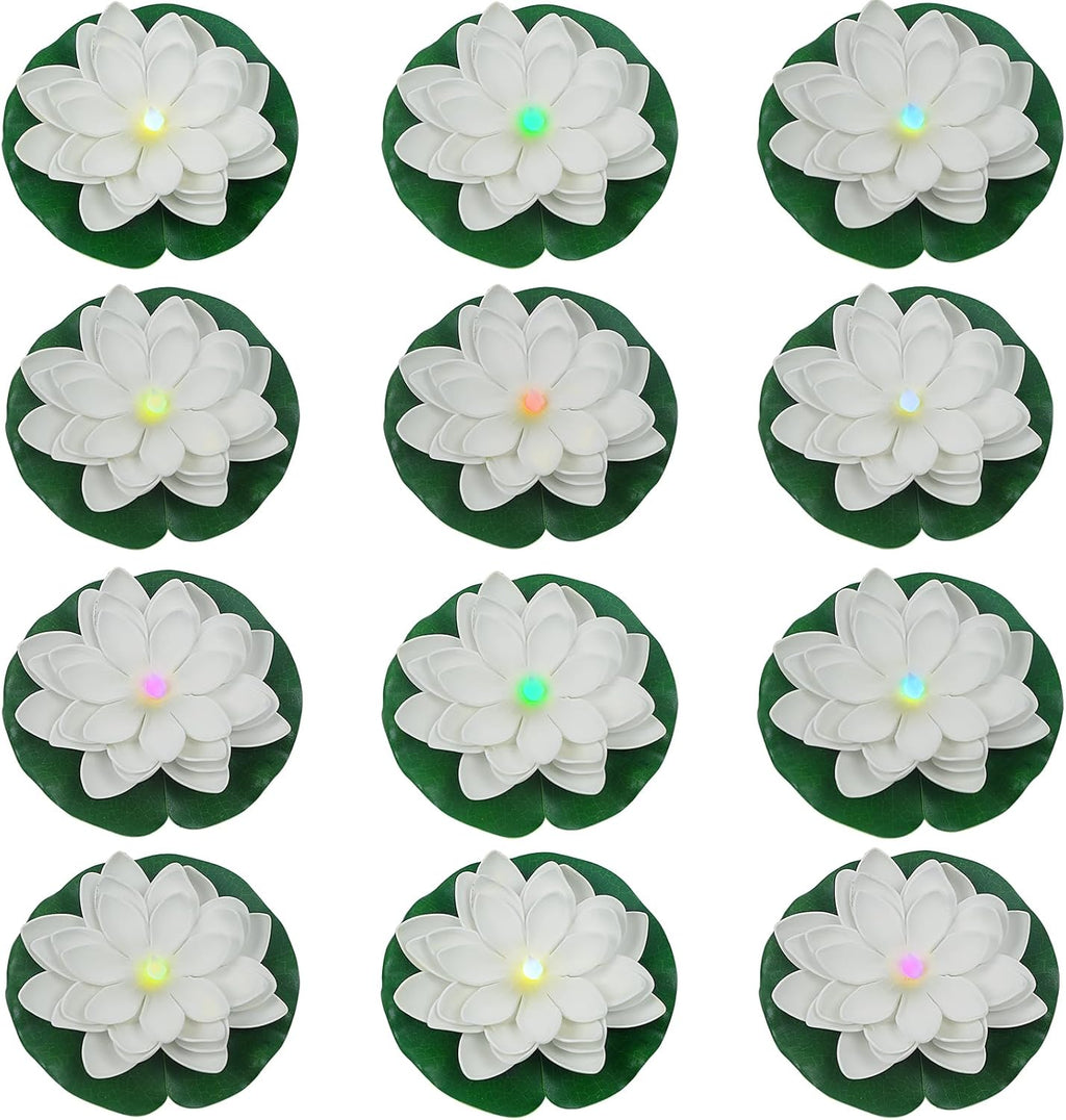12 PCS Floating Lotus Lights - Artificial LED Lotus Waterproof Battery Operated Water Activated Color Changing Fake Lily Pad Lights for Pool Pond Lantern Garden Outdoor Decor
