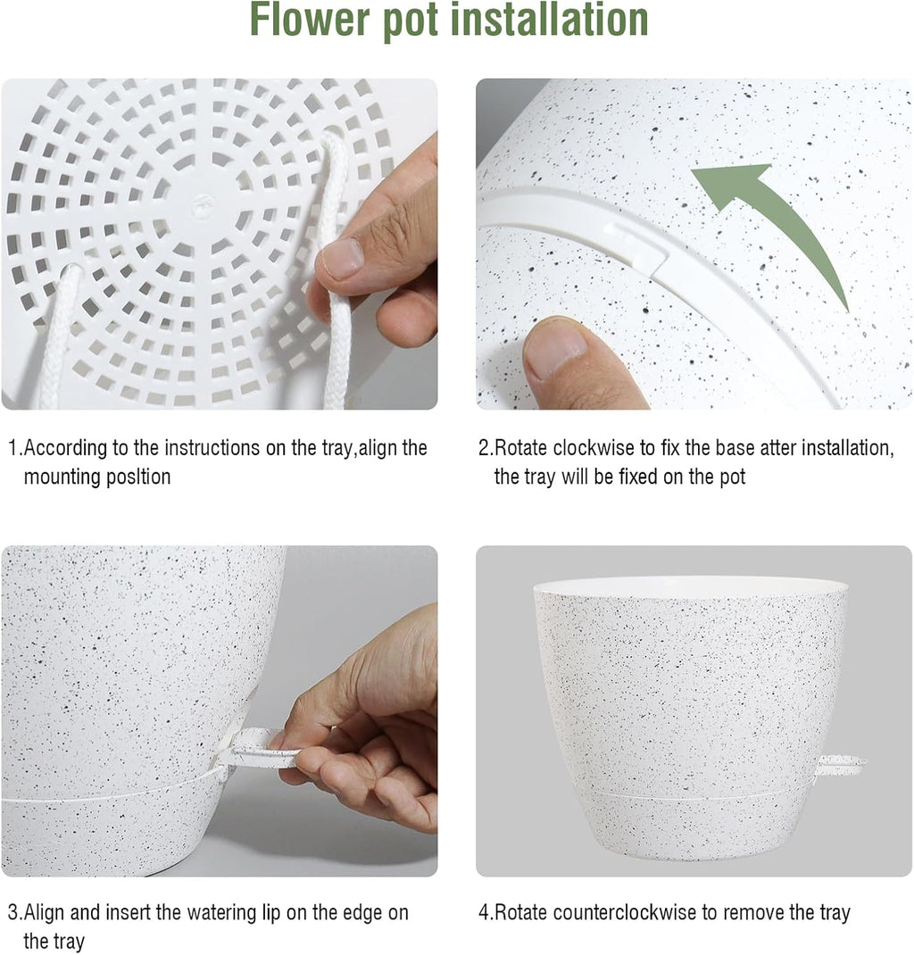 12 inch Large Self Watering Pots, Planter, Plant Pots with Multi Mesh Drainage Holes for Indoor Outdoor House Plants and Garden, Plastic Flower Pots with Deep Reservoir, Speckled White