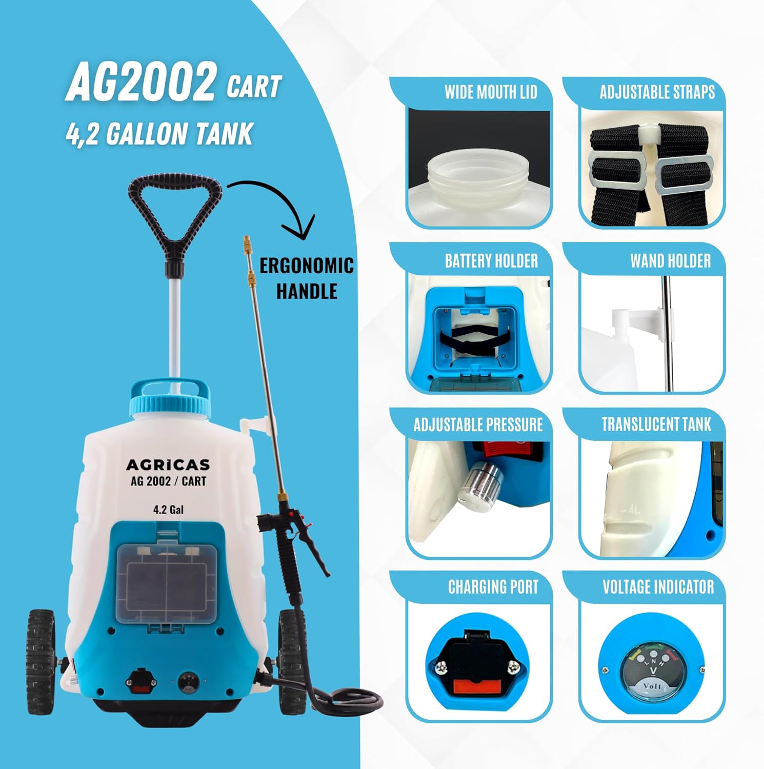 4.2 Gallon Battery Powered Sprayer with Cart - Wheeled Cart Sprayer for Lawn & Garden with Adjustable Nozzles and Backpack, High-Pressure Spray Hose for Weeding and Cleaning