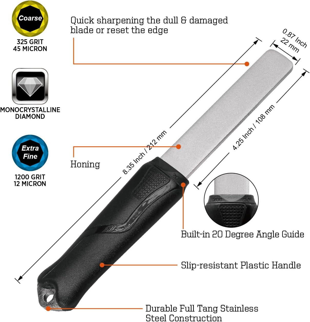 SHARPAL 121N Dual-Grit Diamond Sharpening Stone File Garden Tool Knife Sharpener with Angle Guide Coarse 325 / Extra Fine 1200 Grit for Lawn Mower Blade, Axe, Hatchet, Hedge Shears, Chisels, Drills