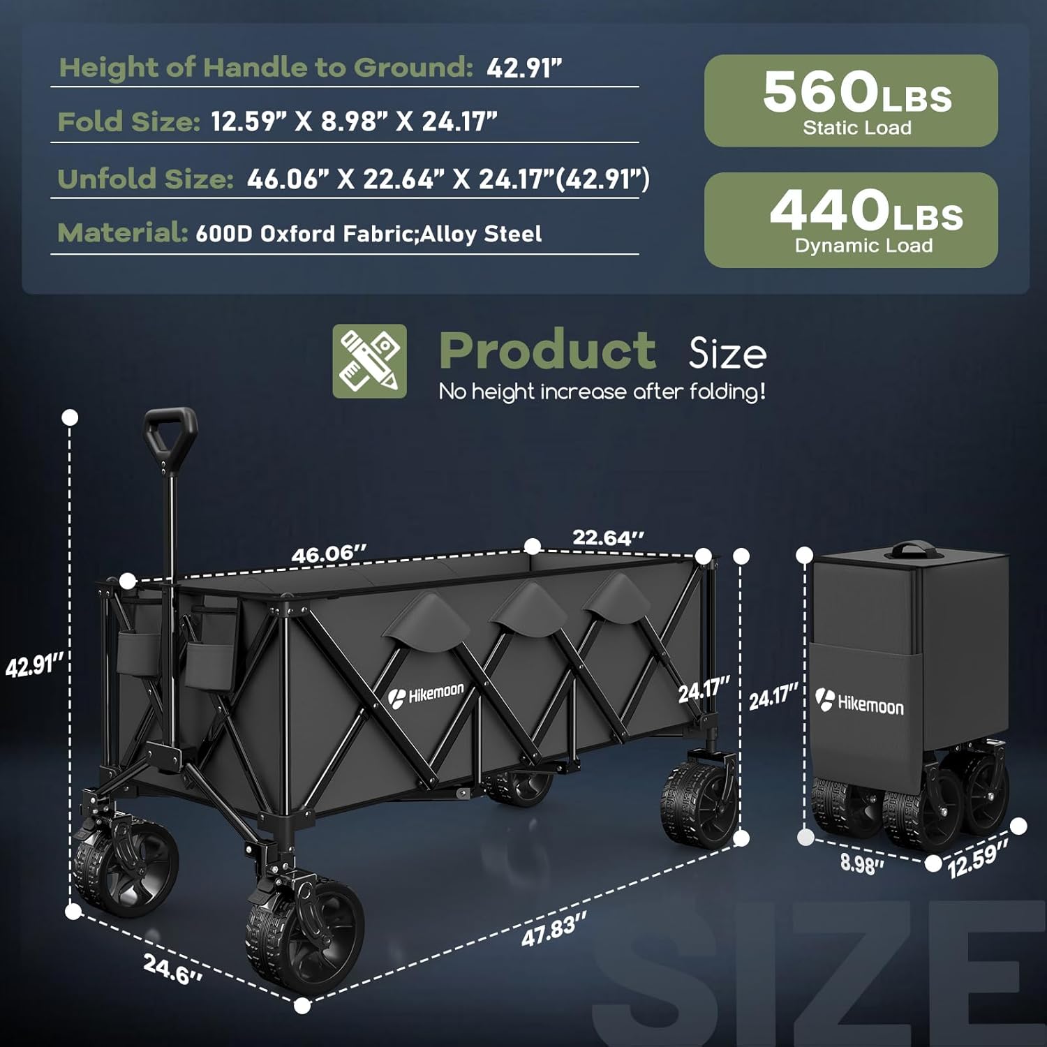 300L Extra Large Wagons Carts Foldable, 560LBS Heavy Duty Collapsible Beach Wagon 48" Long with Big All-Terrain Wheels, Utility Folding Cart for Camping, Grocery, Sports, Garden, Grey