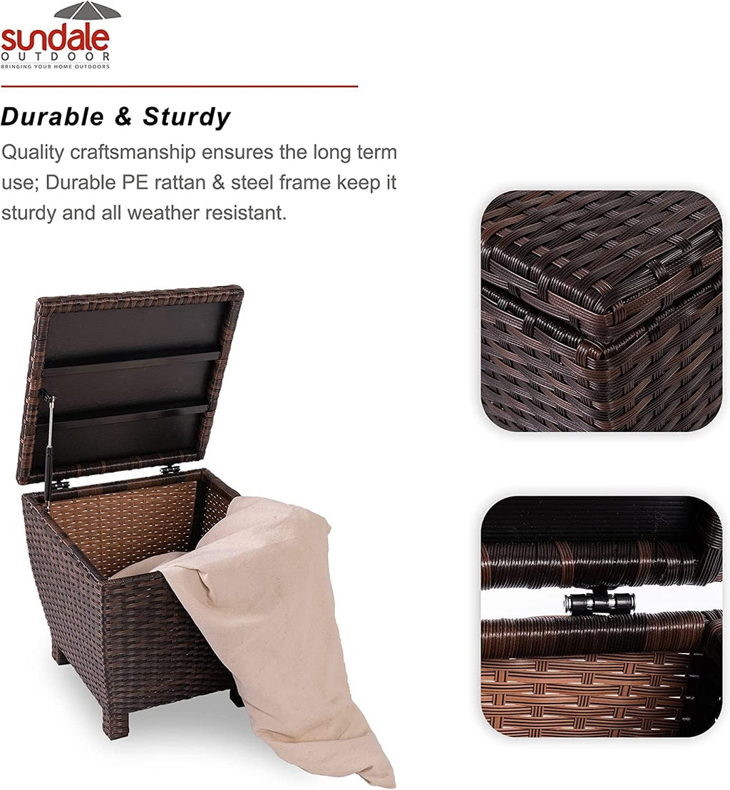 Sundale Outdoor Small Deck Storage Box with Lid, 13 Gallon Outdoor Bin Storage Container for Hose Cushion Towel, Patio Fully Assembled Brown Wicker Side Table with Storage - Rattan