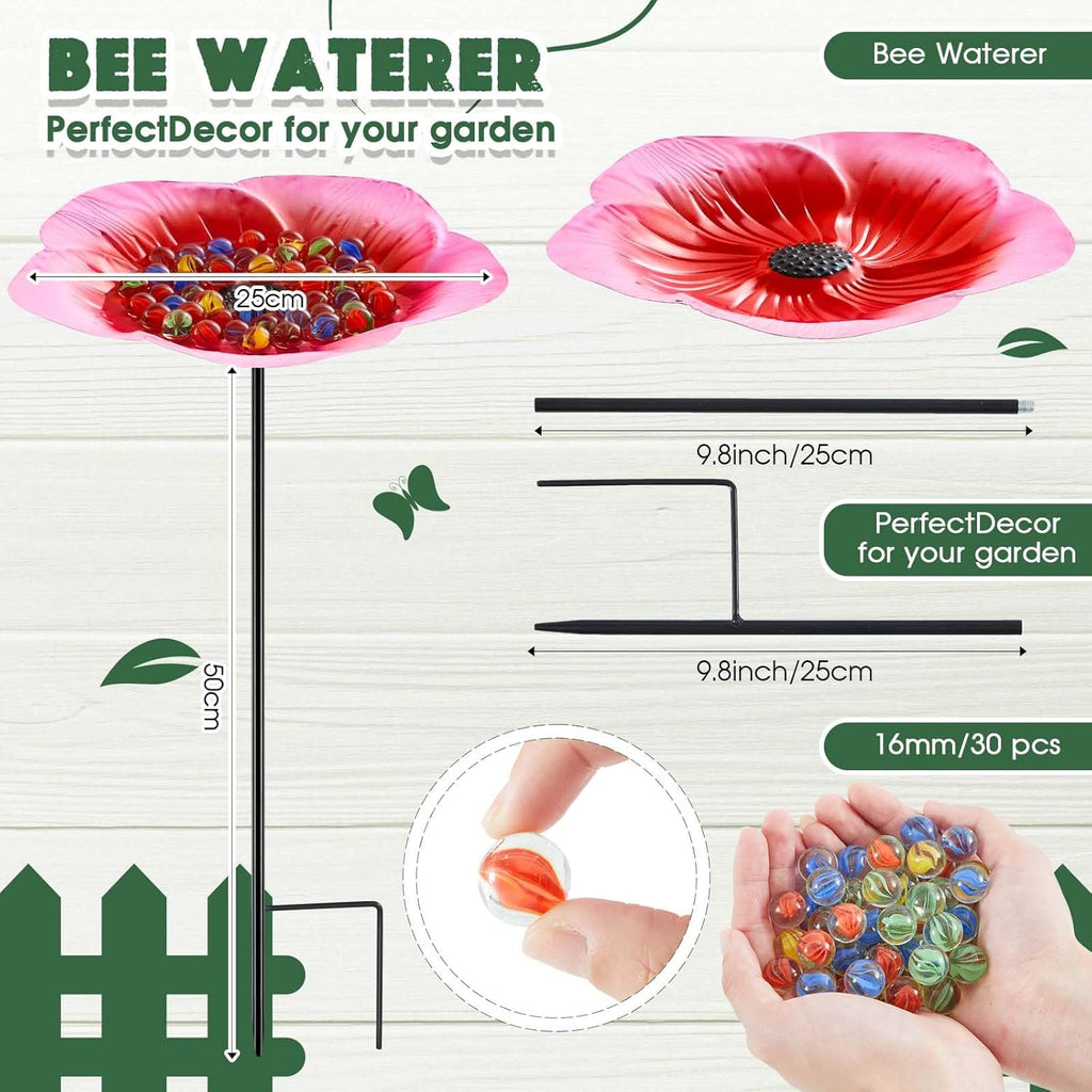 Tandefio Vivid Flower Bee Watering Station Metal Butterfly Water Feeder Cup with 30 Colorful Glass Marbles Bee Feeder Butterfly Bath Bowl for Garden Outdoor Yard Decors(Pink,Flower)