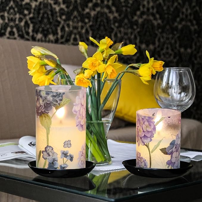 Hydrangea Flameless Candles Flickering, Spring LED Battery Operated Candles with Remote Timer, Glass and Real Wax Pillar Candles for Garden Home Decor(Set of 3, D3 xH4 5" 6")