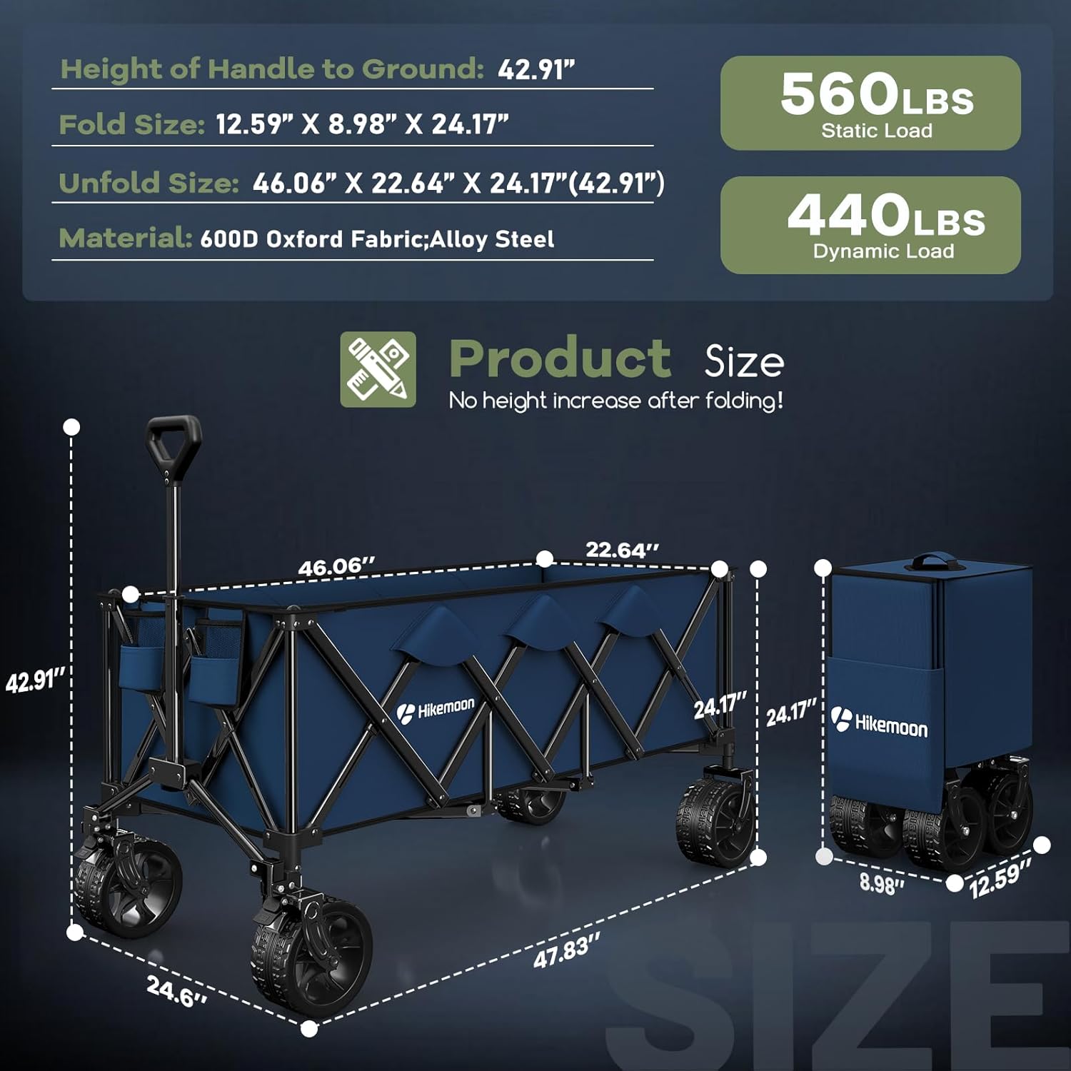 300L Extra Large Wagons Carts Foldable, 560LBS Heavy Duty Collapsible Beach Wagon 48" Long with Big All-Terrain Wheels, Utility Folding Cart for Camping, Grocery, Sports, Garden, Blue