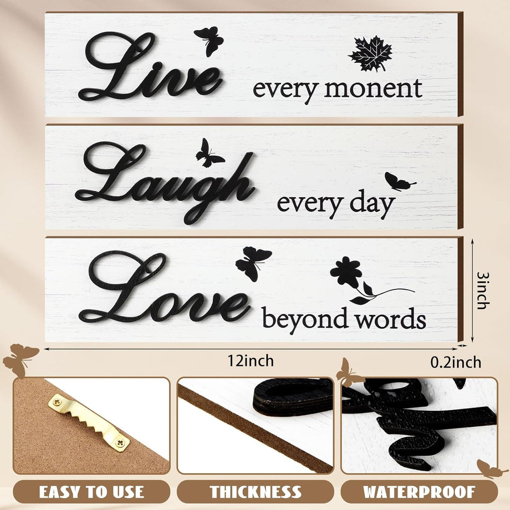 Jetec 3 Pieces Rustic Wood Sign Wall Decor Live Love Blessed Family and Love Quote Sign Farmhouse Wall Mount Decoration for Home Kitchen Living Room, 12 x 3 x 0.2 Inch(White, Black,Classic)
