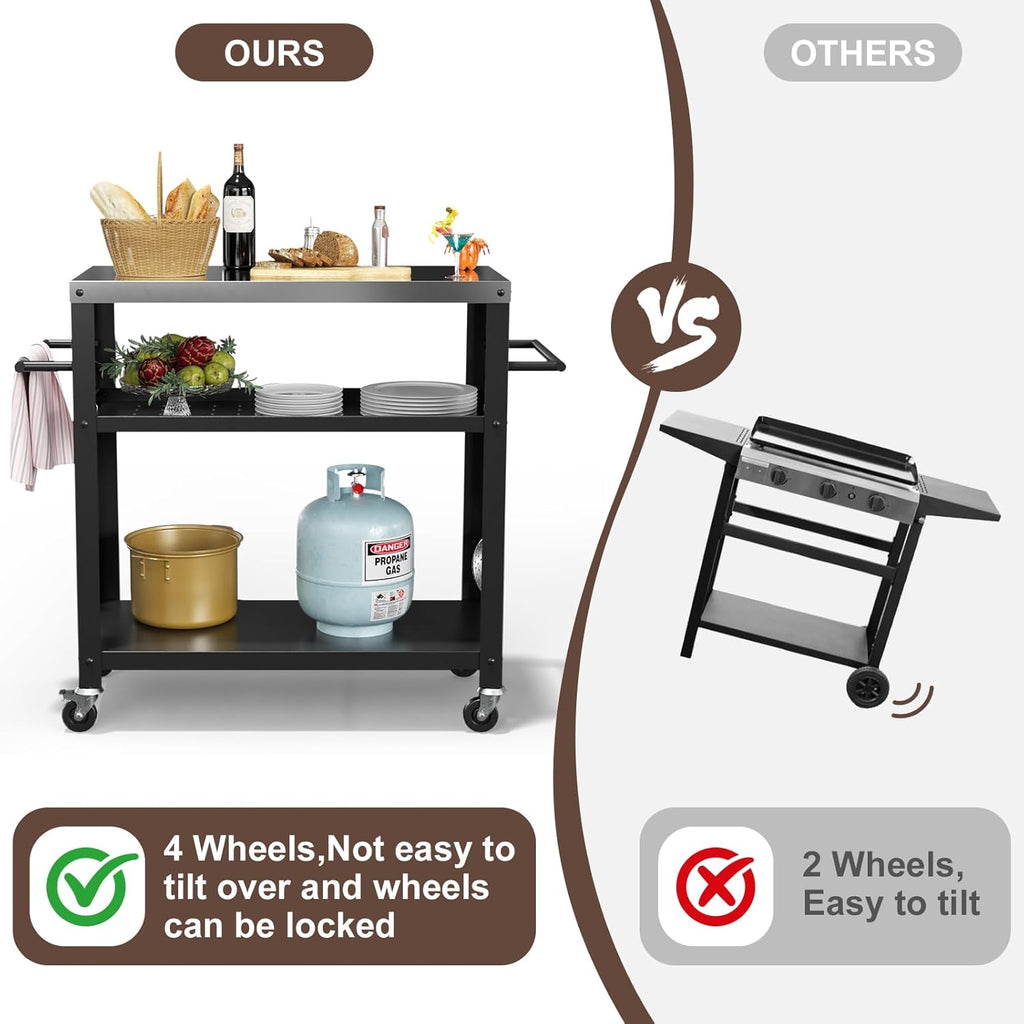 Outdoor Grill Cart with Three-Shelf, Stainless Steel Pizza Oven Table for Outside, Dining Kitchen Cart with Two Side Handle, Garden Patio BBQ Kitchen Food Prep Table Cart (Black)