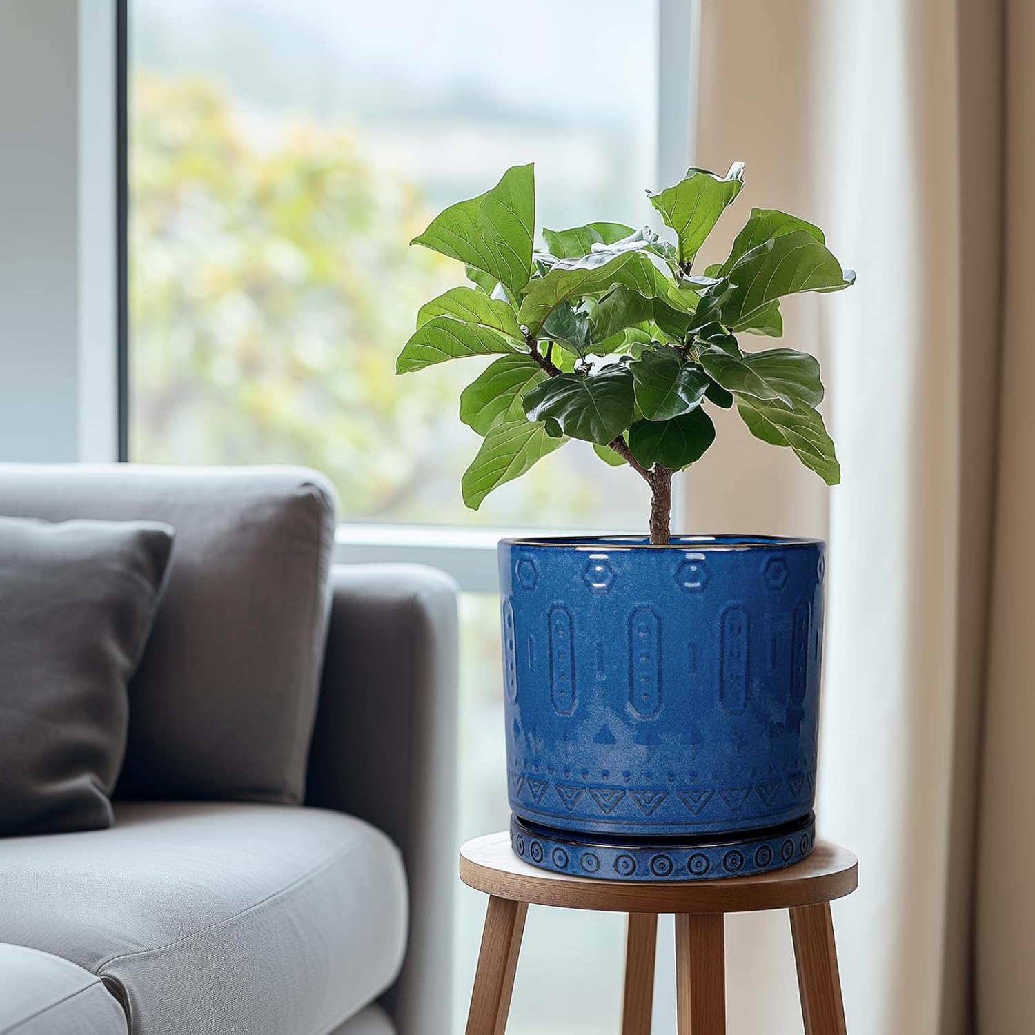 Plant Water Catcher Tray - Ceramic Plant Saucer for Outdoors 7.5 Inch Plant Pot Saucer Plant Drip Tray for Potted Plants Drainage Decorative Round Flower Pot Saucer Blue