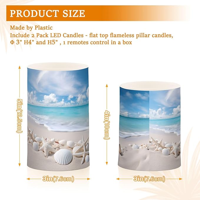 Flickering Flameless Candles, Starfishes Seashells Beach Blue Sky LED Candles with Remote Timer, Set of 2 Battery Operated Candle for Valentine Wedding Birthday