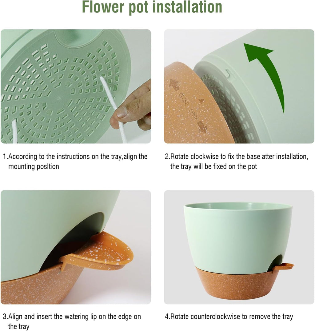 12 inch Large Self Watering Pots, Flower Plant Pots with Drainage Holes for Indoor Outdoor Garden Plants, Plastic Planters with Removable Deep Reservoir, Green with Brown