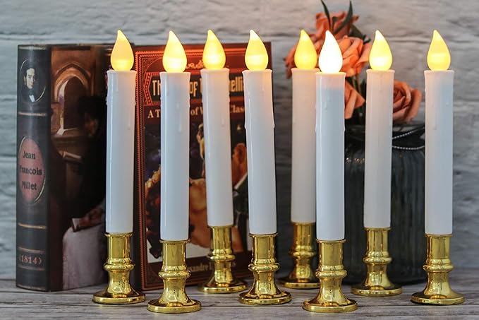 DRomance 9" Flameless Window Taper Candles Battery Operated with 8-Key Remote and Timer, 4 Pack White Christmas Holdiay Window Candles with Gold Holders, Suction Cups and AA Batteries Included