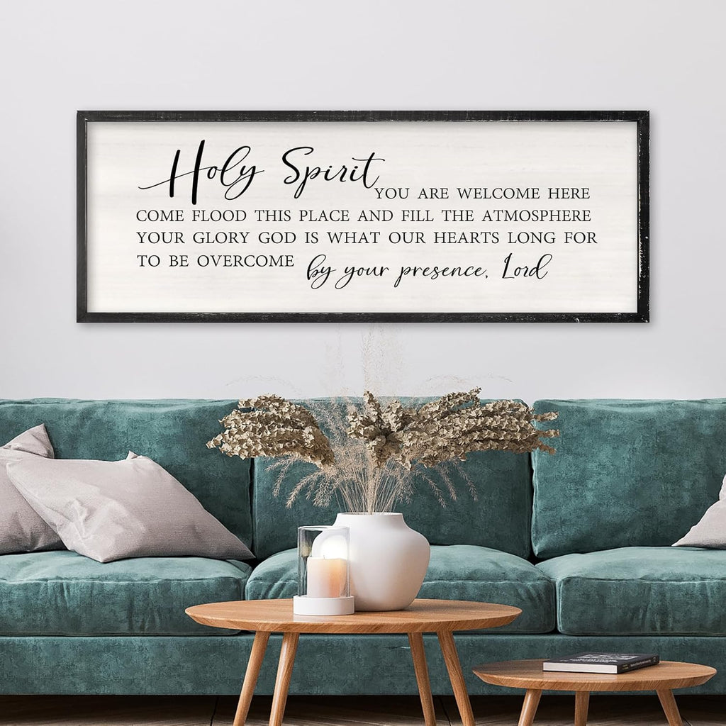 Holy Spirit You are Welcome Here Wall Decor Art 32x12 Inch Large Christian Song Bible Verse Plaque Wood Framed Sign Living Room Scripture Quote Religious For Office Wall Hanging (Black)