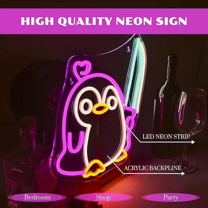 Penguin Neon Sign Dimmable Penguin Knife Neon Signs for Wall Decor LED USB Powered Cute Anime Neon Light Sign For Boys Bedroom Room Garden Party Restaurant Home Decoration Birthday Gifts