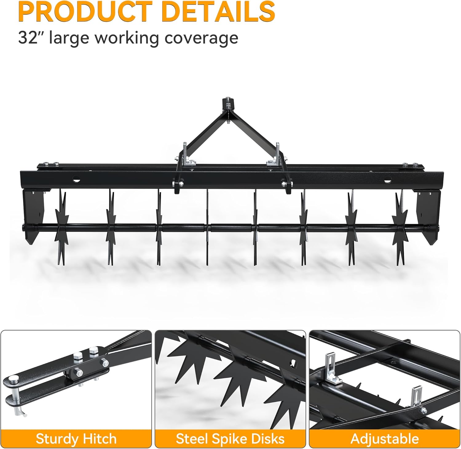 YINTATECH 48" Lawn Aerator Tow Behind with Universal Hitch for spike Aerator, Black