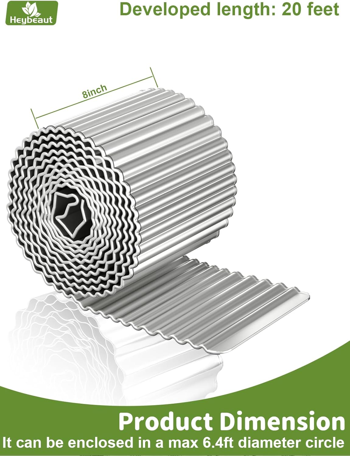 Corrugated Metal Garden Edging - 8" x20' Galvanized Steel Border, Durability Easy to Cut, Easy Installation & Stability, Ideal for DIY Flower Beds, Pathways and Patio Design Silver