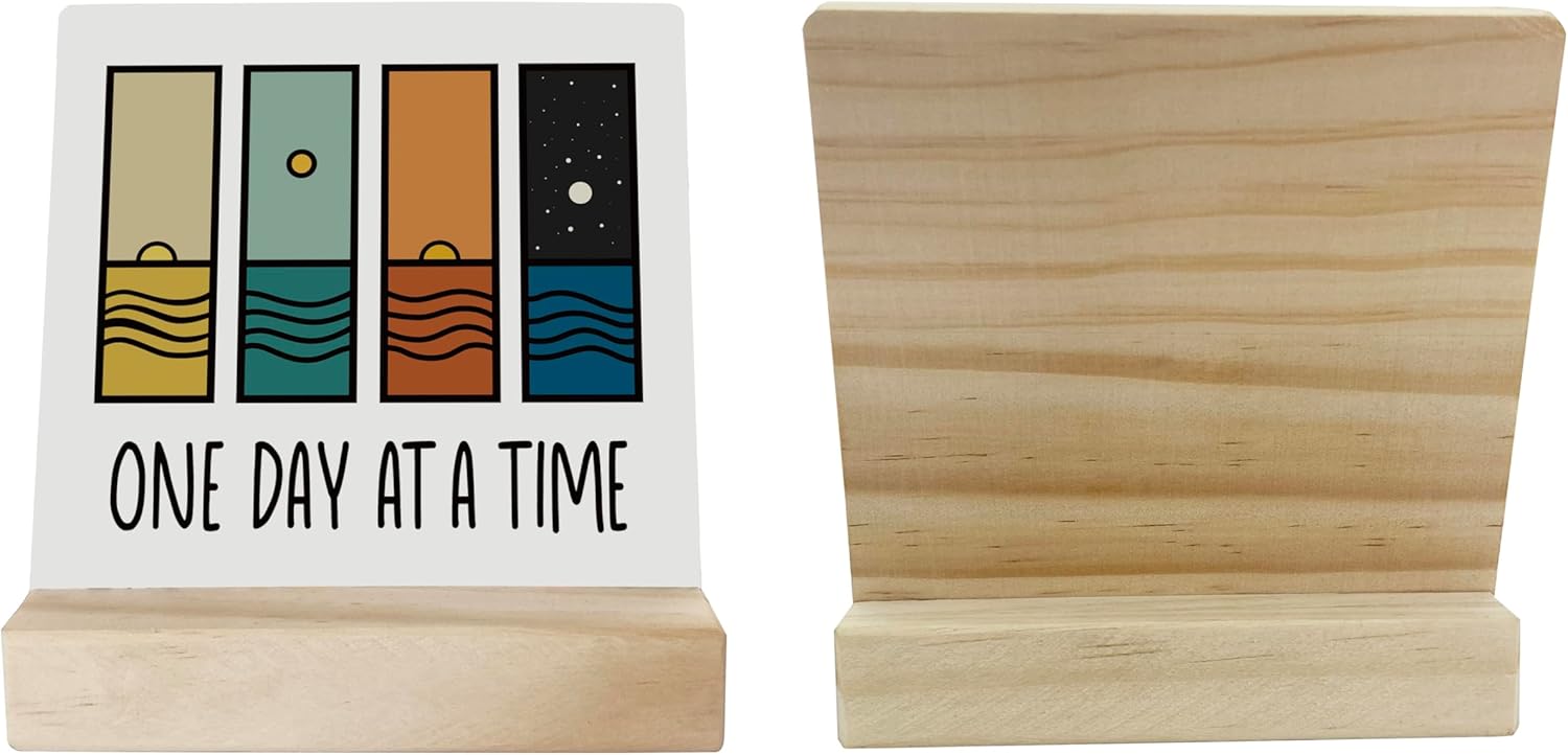 Primitive Wooden Sign, One Day at A Time, Desk Plaque with Wooden Stand 4 x 4.3 inches, Modern Decoration, Farmhouse Table Plaque Signs, Rustic Home Decor Plaque, Inspirational Sign, Uplifting Gift B