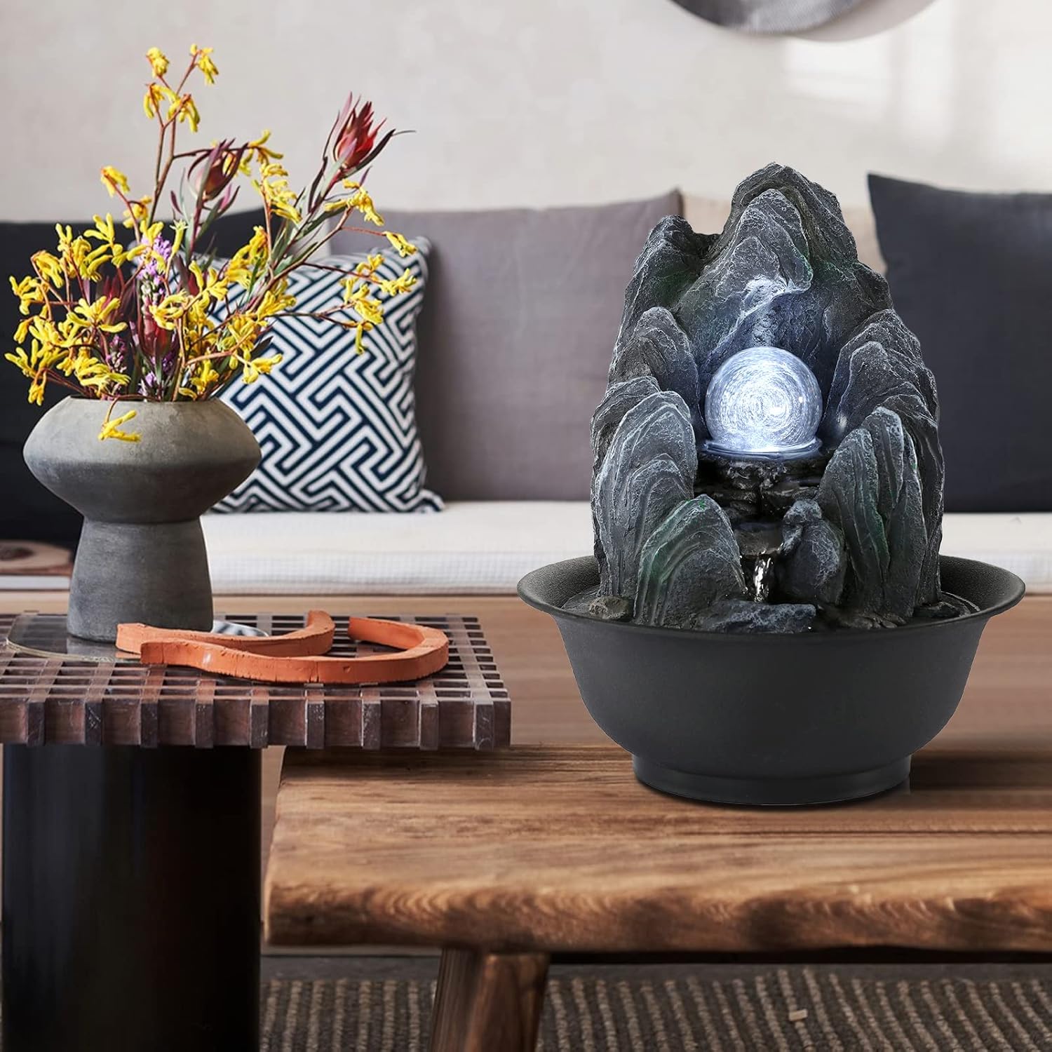 WICHEMI Water Fountains Indoor Waterfall Fountain Tabletop Fountain with LED Rolling Ball Stacked Rocks Indoor Water Feature Zen Meditation for Home and Office Indoor Spaces Decor (Style 19)