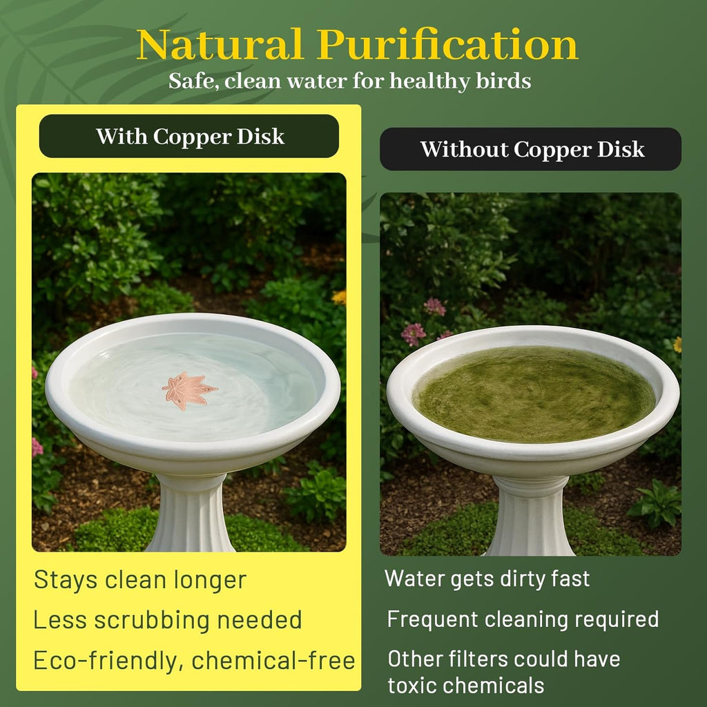 Bird Bath Copper Disk,Bird Bath Purification Disk 0.6mm Reinforced 99.99% Pure Copper Cleaning Disk with 3-Point Support,Fits Outdoor Birdbath & Bowl,Provide Safe Clean Water,Maple Leaf-1Pc