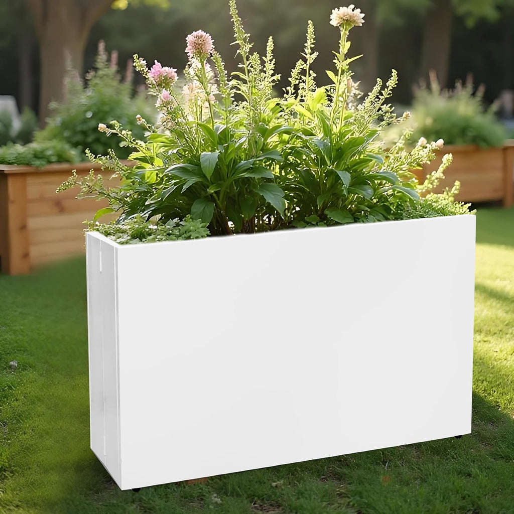 Galvanized Steel Planter Box-No Installation Required Metal Rectangular Block Long Box Planter Modern Outdoor Planters All-Weather Use with Drainage Holes for Patio/Porch, 36×24×12IN（White）