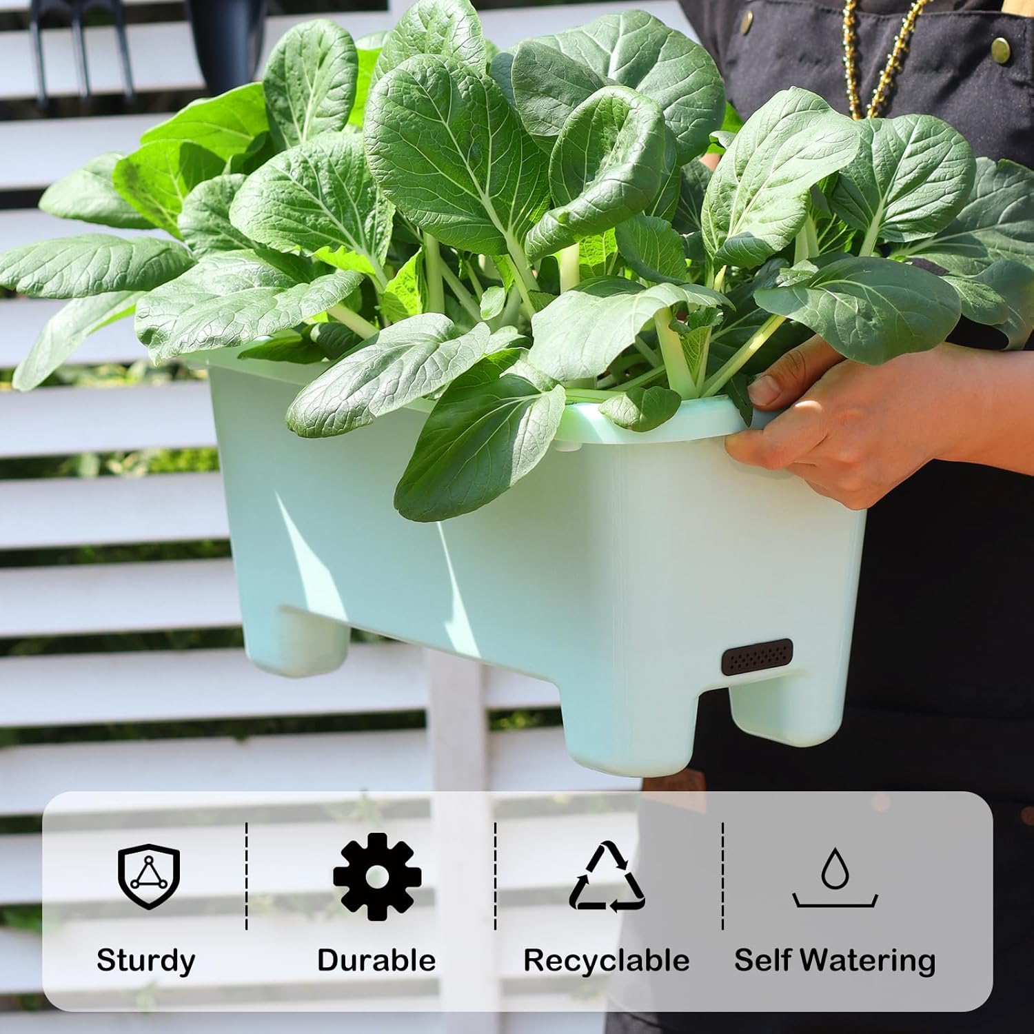 Self-Watering Rectangle Planter Boxes 8-Pack, 15.7-Inch Window Box Planter with Drainage Holes & Trays, Pots for Vegetables, Herbs, Flowers, Garden Windowsill Balcony (Sky Blue, 15.7*8.3*7.1 inch)