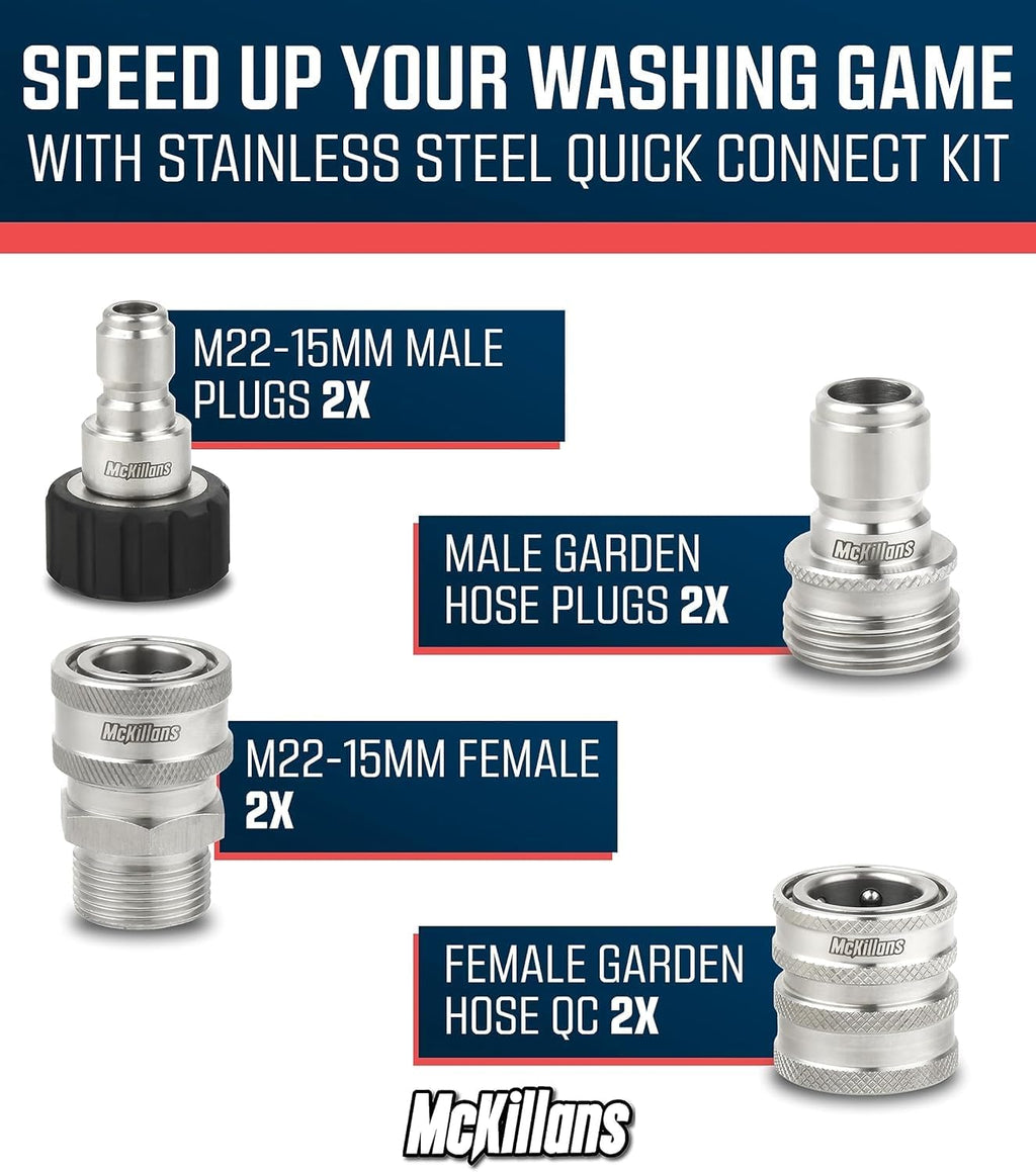 McKillans® M22-15mm Pressure Washer Quick Connect Kit, M22-15mm to 3/8" Male Female Quick Disconnect Kit for Power Washer (Stainless Steel)