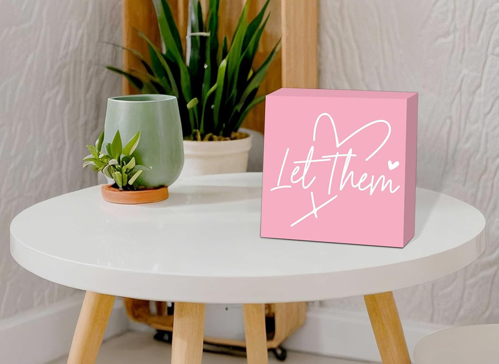Let Them Wooden Sign, Pink Office Decorations for Work, Let Them Mental Health Rustic Wood Box Signs 5x5 Inch, Desk Shelf Tabletop Decor for Home Cubicle Decor, Office Gifts for Coworkers Women, 19