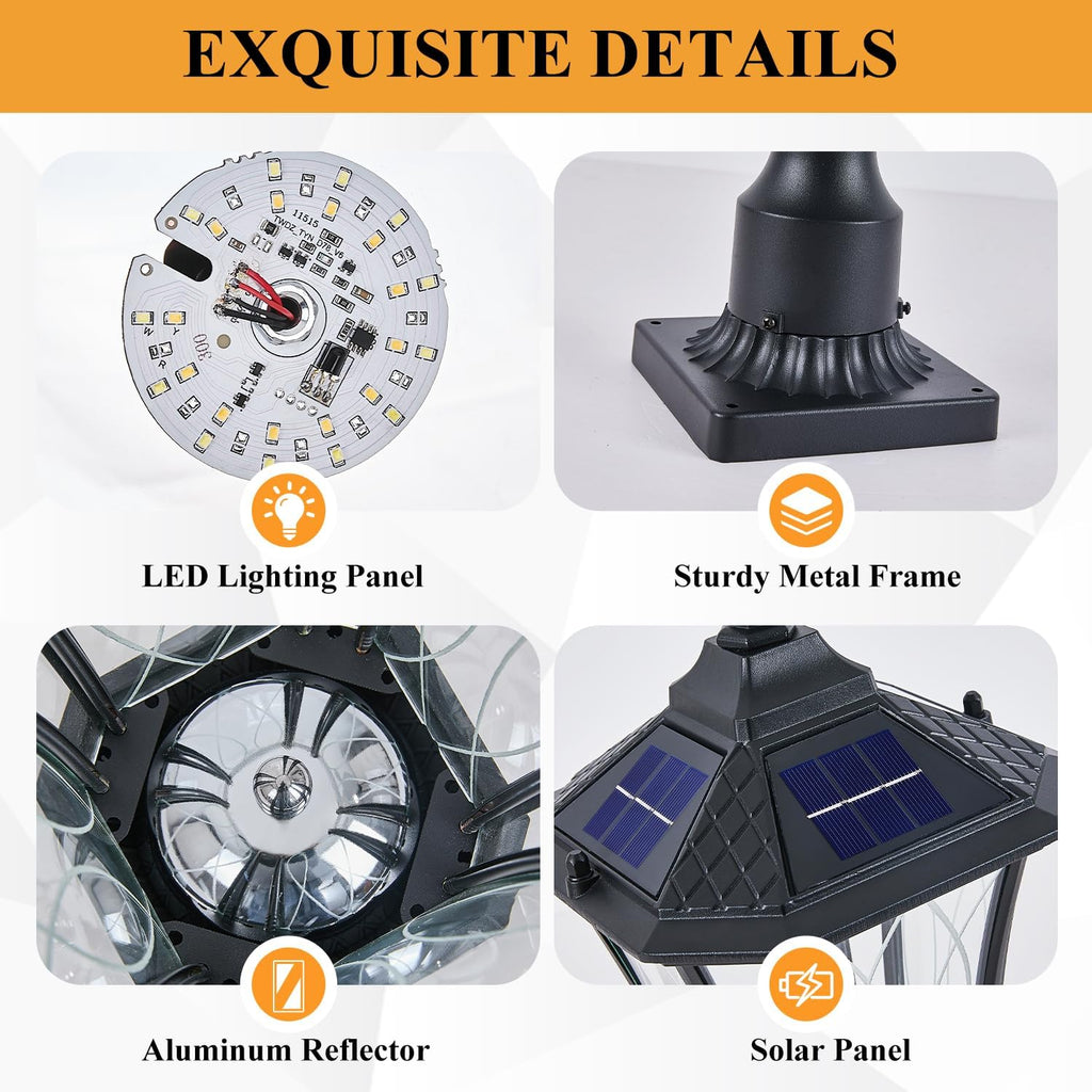 2 Pack Solar Lamp Post Lights with Pier Mount Base, Dusk to Dawn Outdoor Pillar Lights with Patterned Glass, Waterproof Exterior Pole Lamps Head for Driveway, Patio, Garden, Black