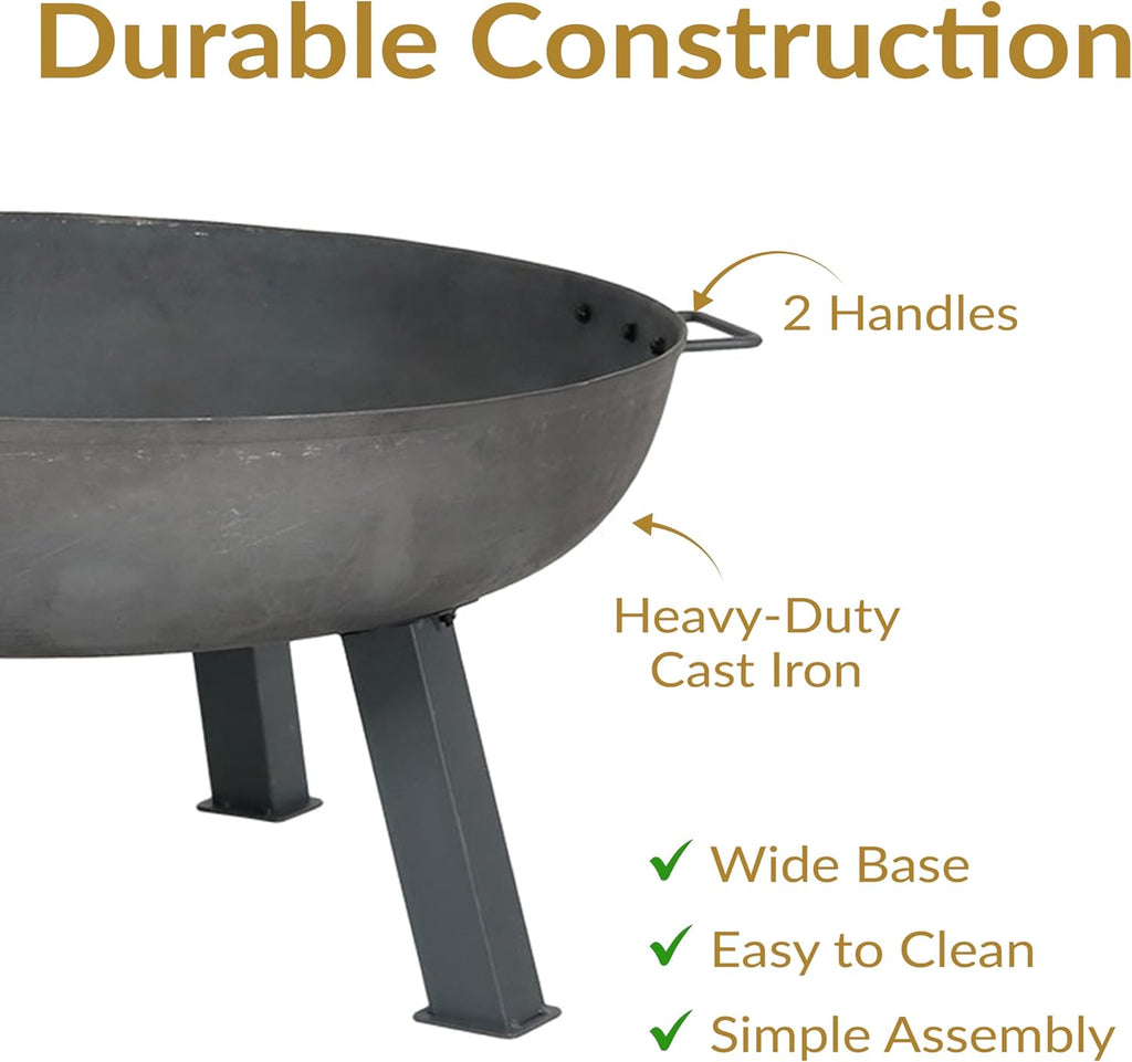 Sunnydaze 30-Inch Cast Iron Heavy-Duty Fire Pit for Outside - Wood-Burning Outdoor Fire Pit Bowl with Handles - Steel Finish