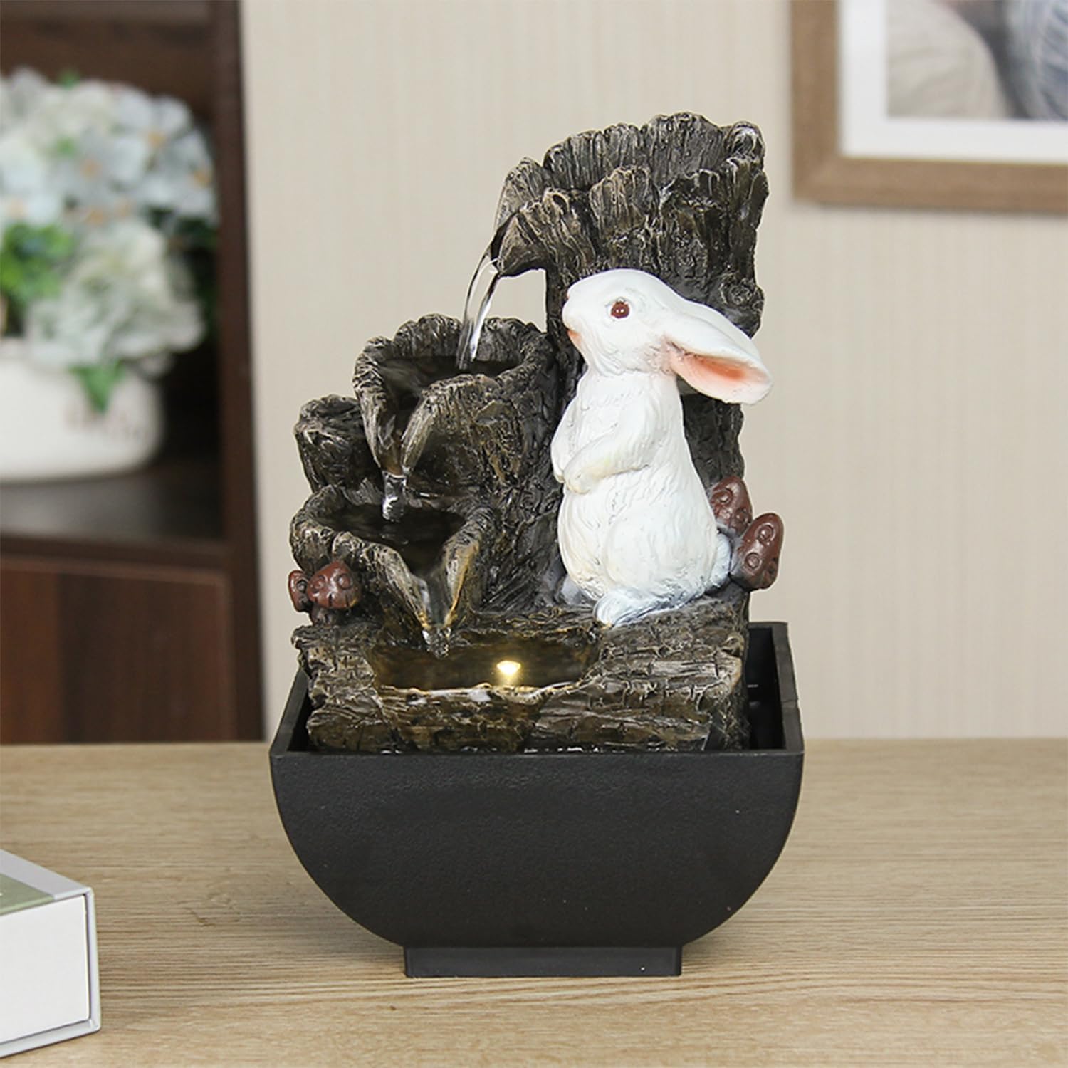 Small Cascading Rock Tabletop Fountain, Cute Little White Rabbit Indoor Waterfall Fountain with Colored LED Lights and Rolling Ball, 3 Tiered Desktop Fountain for Office Home Bedroom