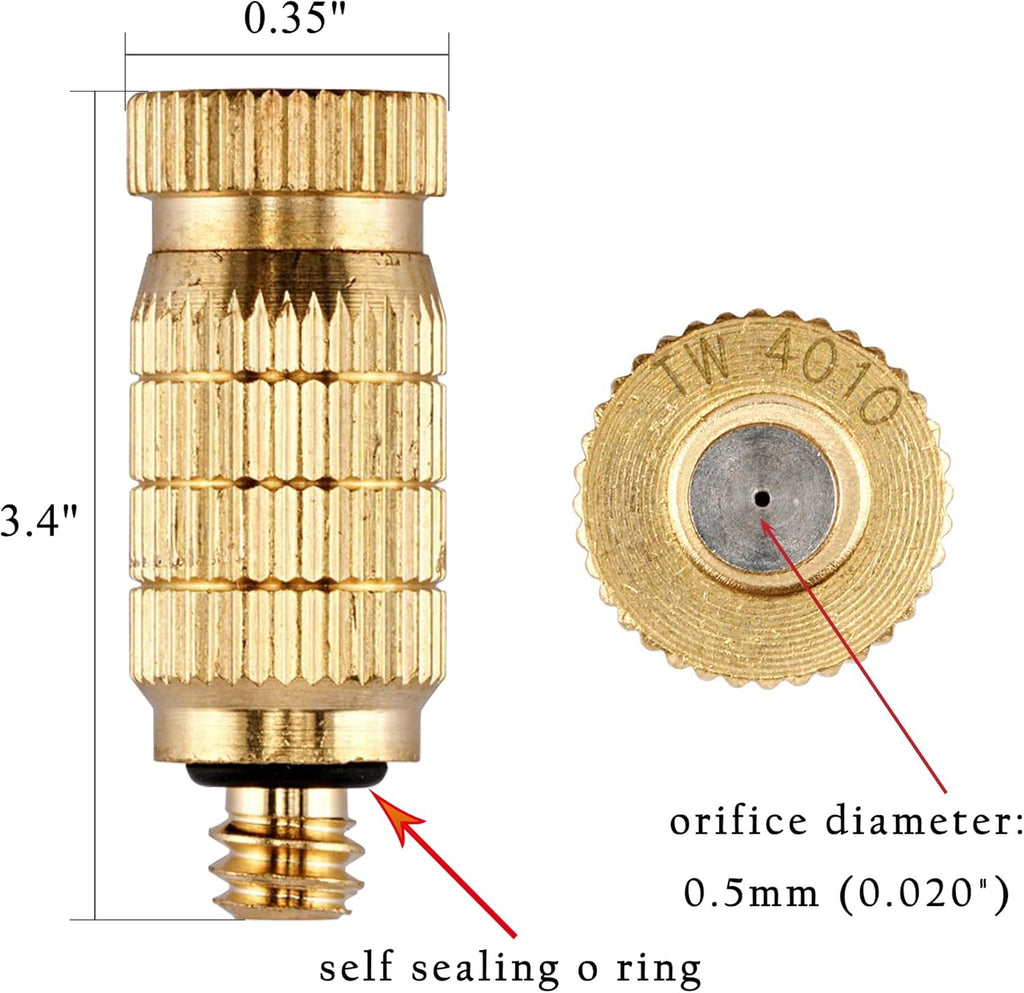 Mornajina 20Packs Brass Misting Nozzles for Outdoor Cooling System, Misting System Heads Sprayer 0.020" (0.5 mm) 10-24 UNC, High Pressure