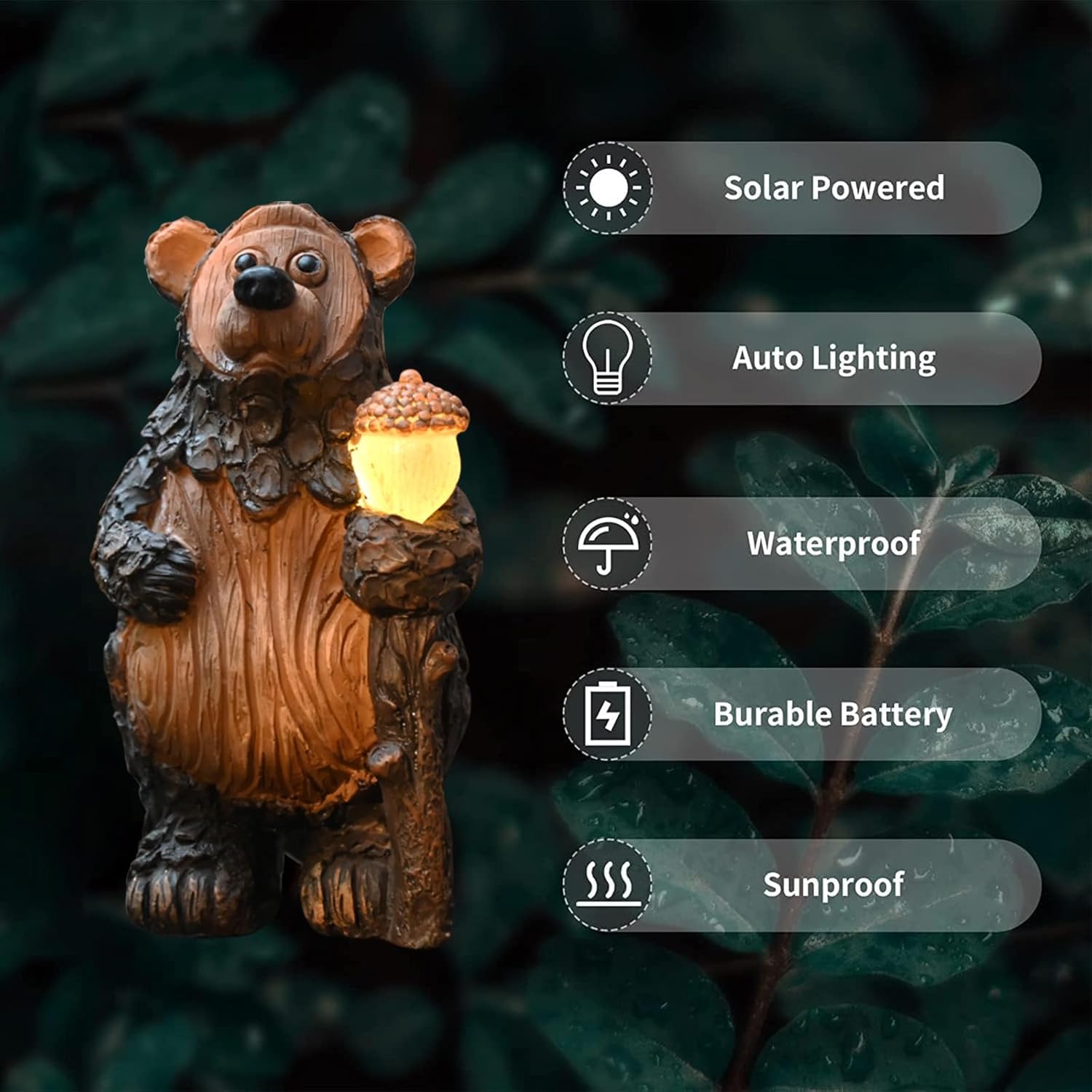 Bear Garden Figurines Outdoor Decor Solar Statue with LED Lights for Patio Lawn Yard Art Decoration Housewarming Garden Gift
