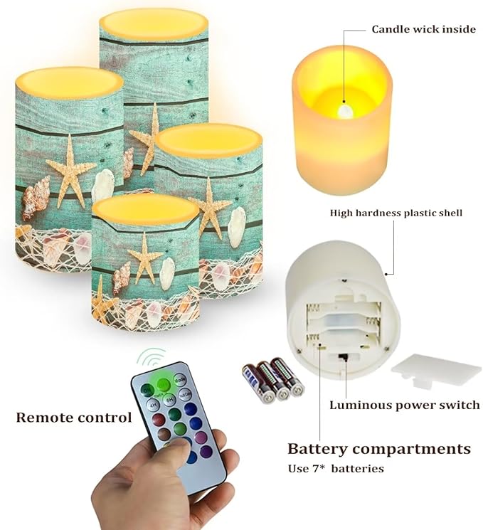 Flameless Light Candles Battery Operated Candles with Color Changing Timer Remote Control Fake Pillar Candle Tealights Home Indoor Beach Coastal Decoration, Starfish Shell Wood Grain