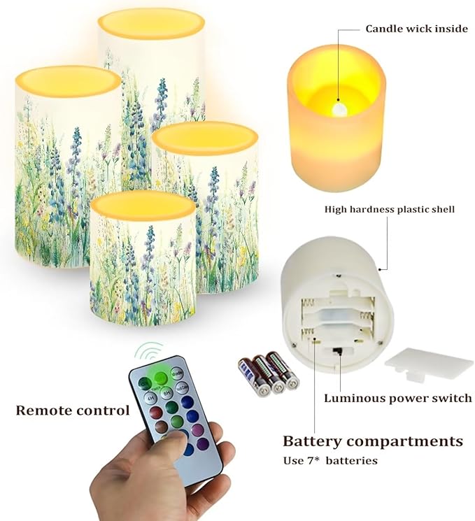 Flameless Candles Battery Powered LED Candles with Remote Timer Color Changing Control for Indoor Outdoor Home Table Beach Wedding Decoration Set of 4, Blue Green Floral