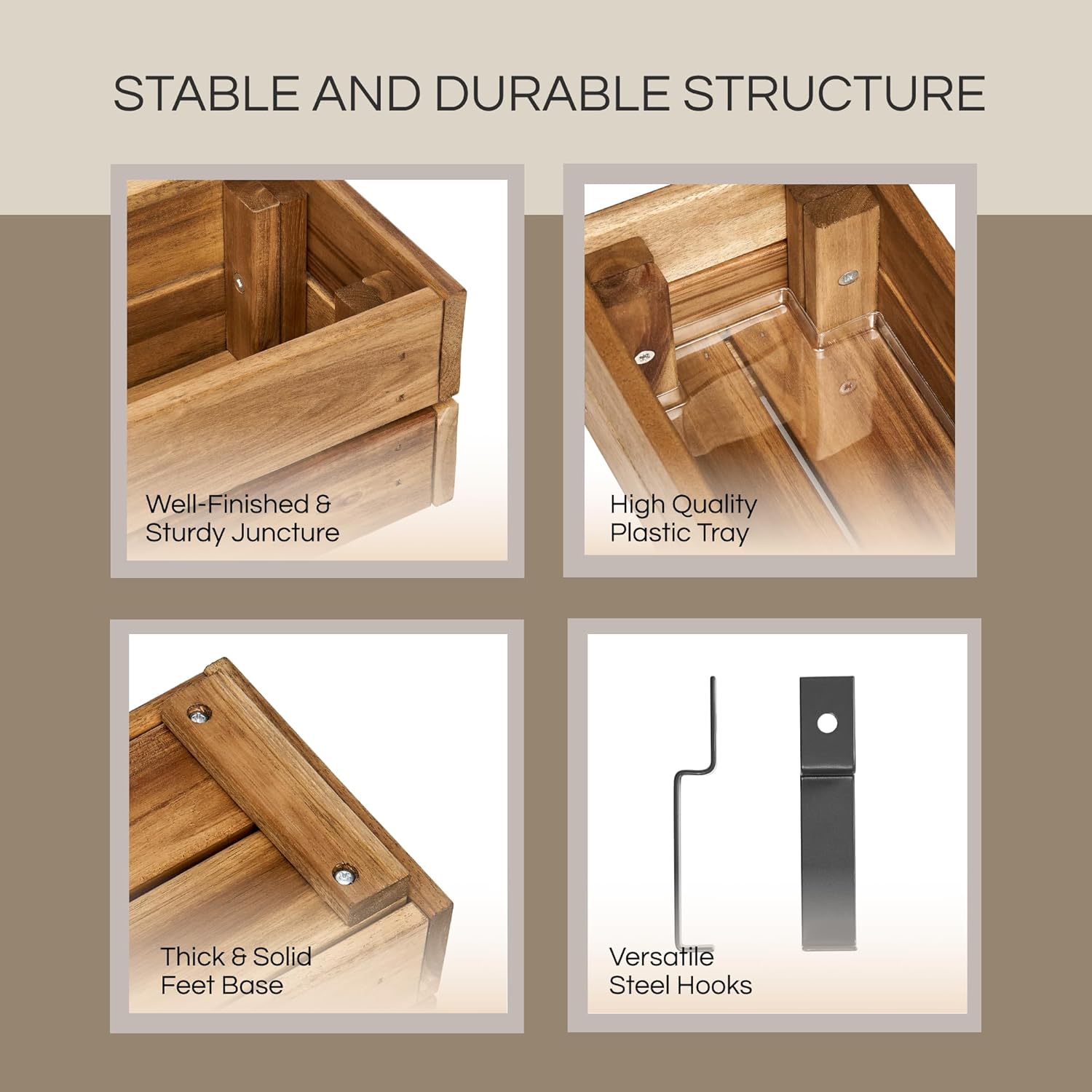 Wooden Planter Box, Storage Box 17”L x6”W x5.5”H with Crate Style, Acacia Wood Flower Container, Rustic Rectangle Planter for Planting, Decor and Storage - 3 Colors (Golden Teak)