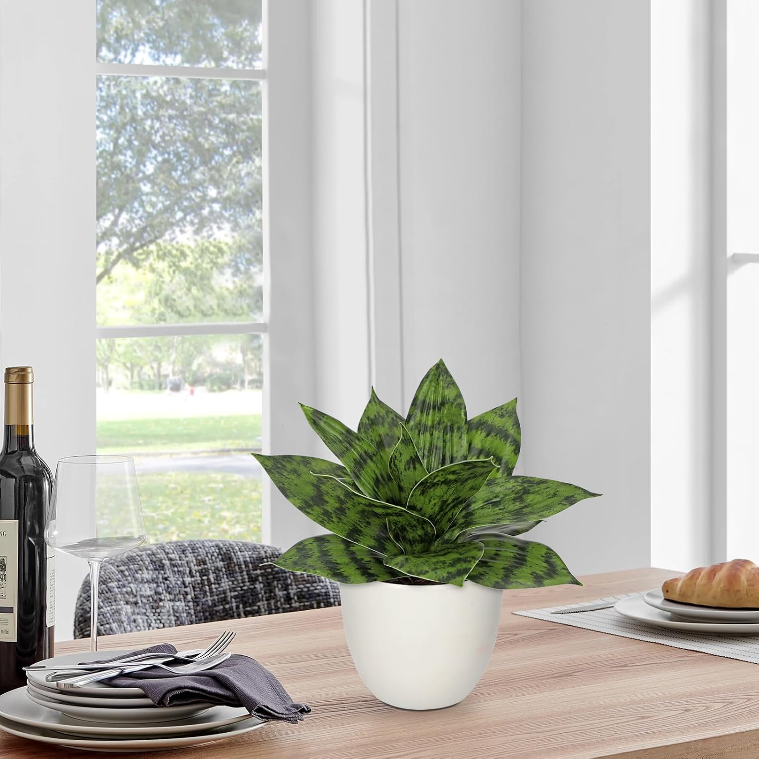 Hollyone Artificial Snake Plants 9" Faux Agave Succulent Plant Potted in White Pot Fake Sansevieria Aloe Tropical Plant for Desk Modern Office Home Bathroom Indoor Outdoor Decor