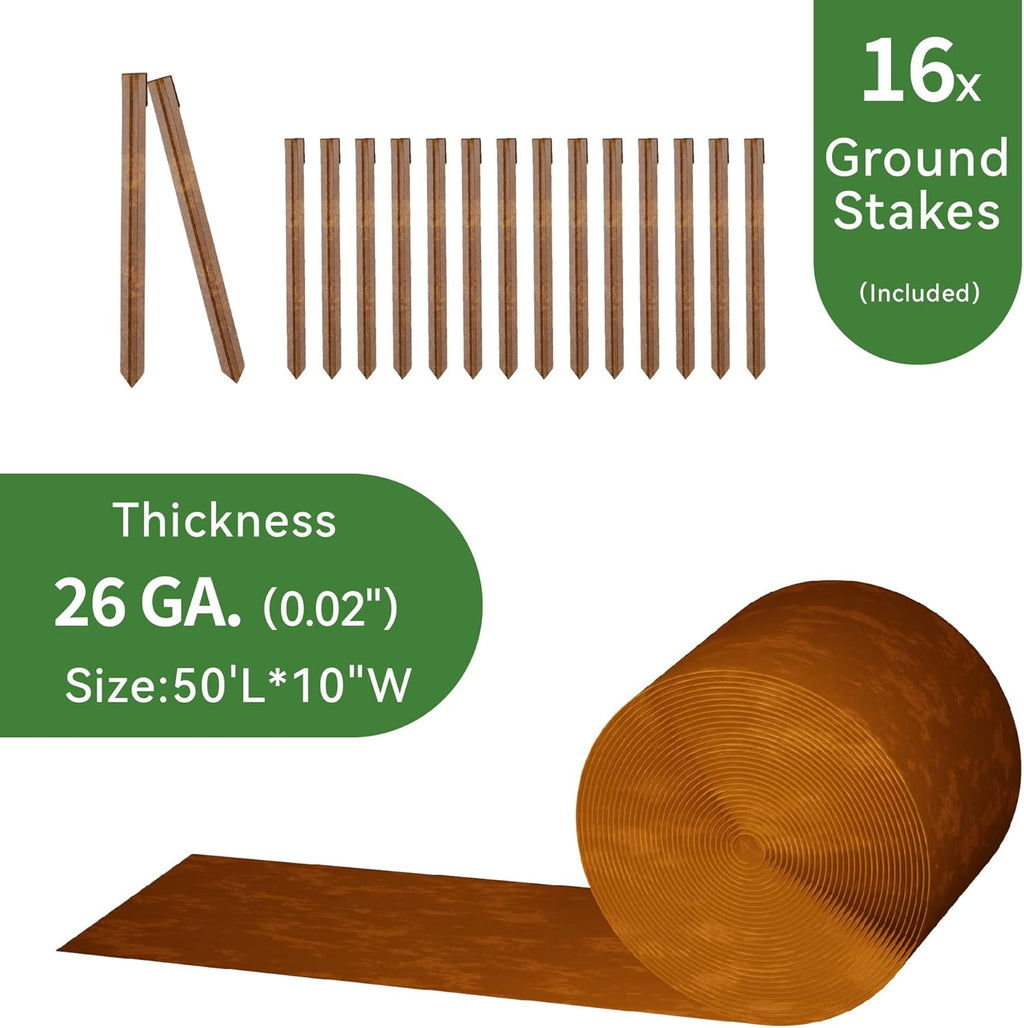 Worth Galvanized Steel Landscape Edging 10" x50' Metal Garden Edging Roll Flexible Bender Border with 16Pcs Stakes for Lawn, Flower Bed Edges, Rust-Like Color