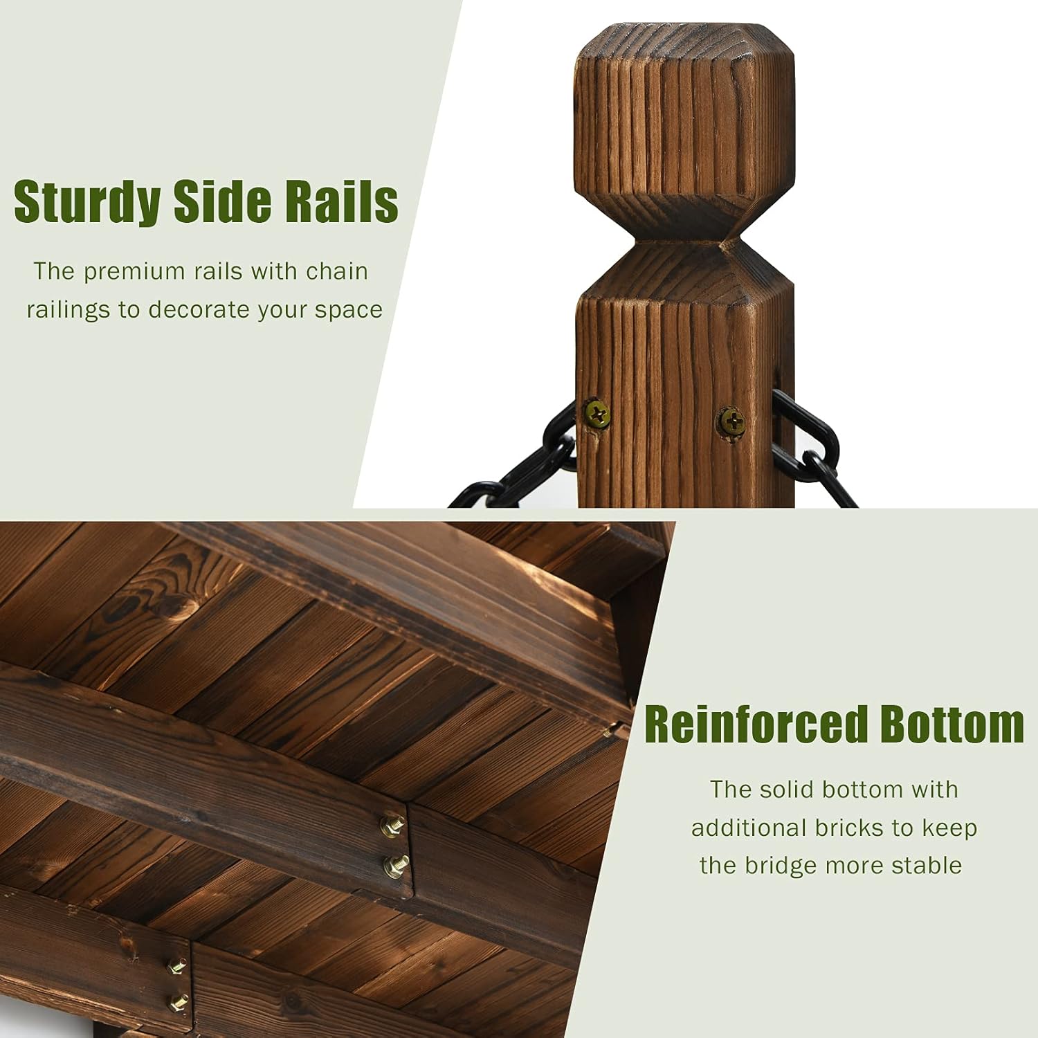 Giantex 5 FT Wooden Garden Bridge, Stained Wood Arc Footbridge with Chain Railings for Backyard Creek Farm, Decorative Pond Bridge, Easy to Assemble, 400 lbs Capacity (Brown)