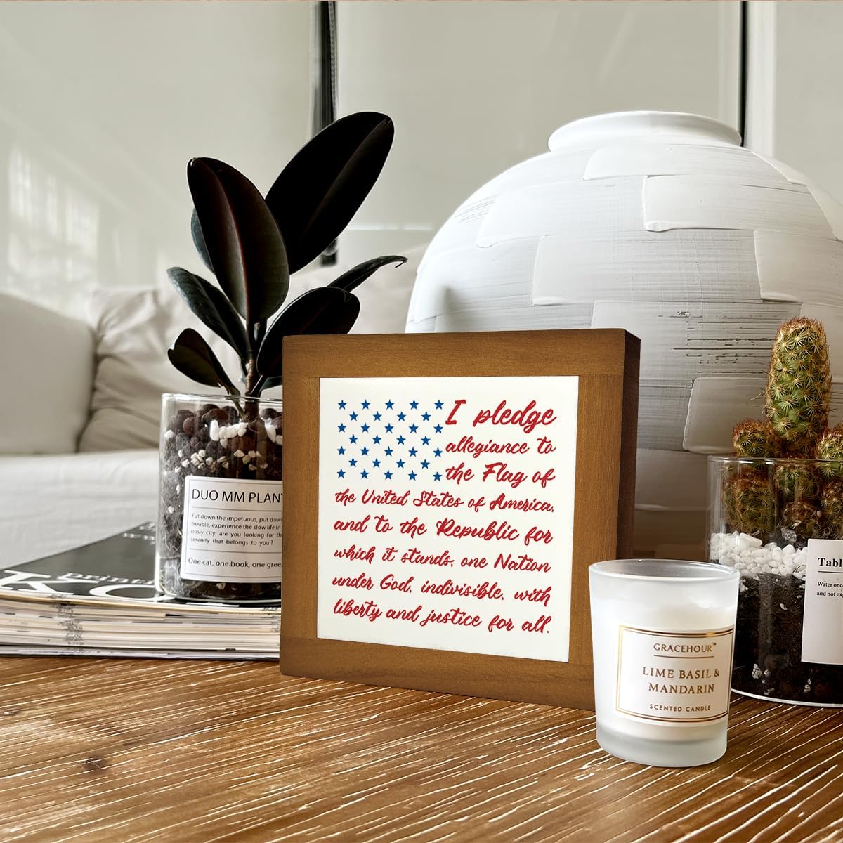 Patriotic Wood Plaque Sign, I Pledge Allegiance to the Flag of United States of America, Box Wood Plaques Desk Décor, American Flag Wooden Sign, 4th of July Decoration, Independence Day Decor A