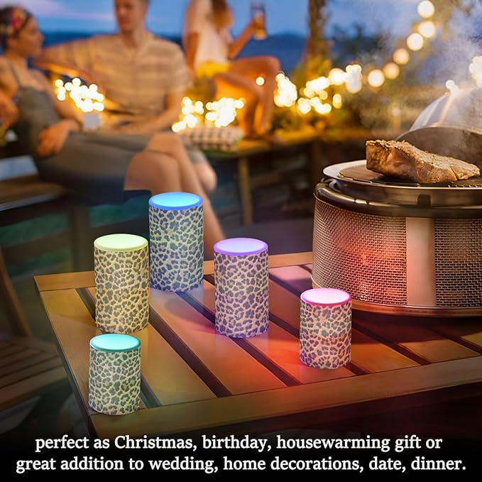 Flickering Flameless Candles, Leopard Texture LED Candles with Remote Timer, Set of 2 Battery Operated Candle for Valentine Wedding Birthday