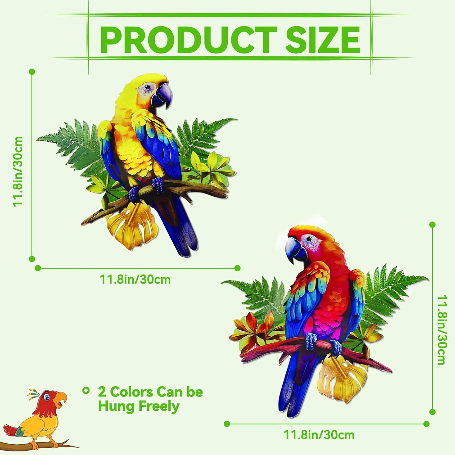 ULENDIS 2 Pack Metal Parrot Wall Decor, 11.8" Bright Color Tropical Bird Macaw Outdoor Wall Art Patio Fence Decorations, Hanging Bird Decor for Garden Yard Living Room Bedroom Balcony