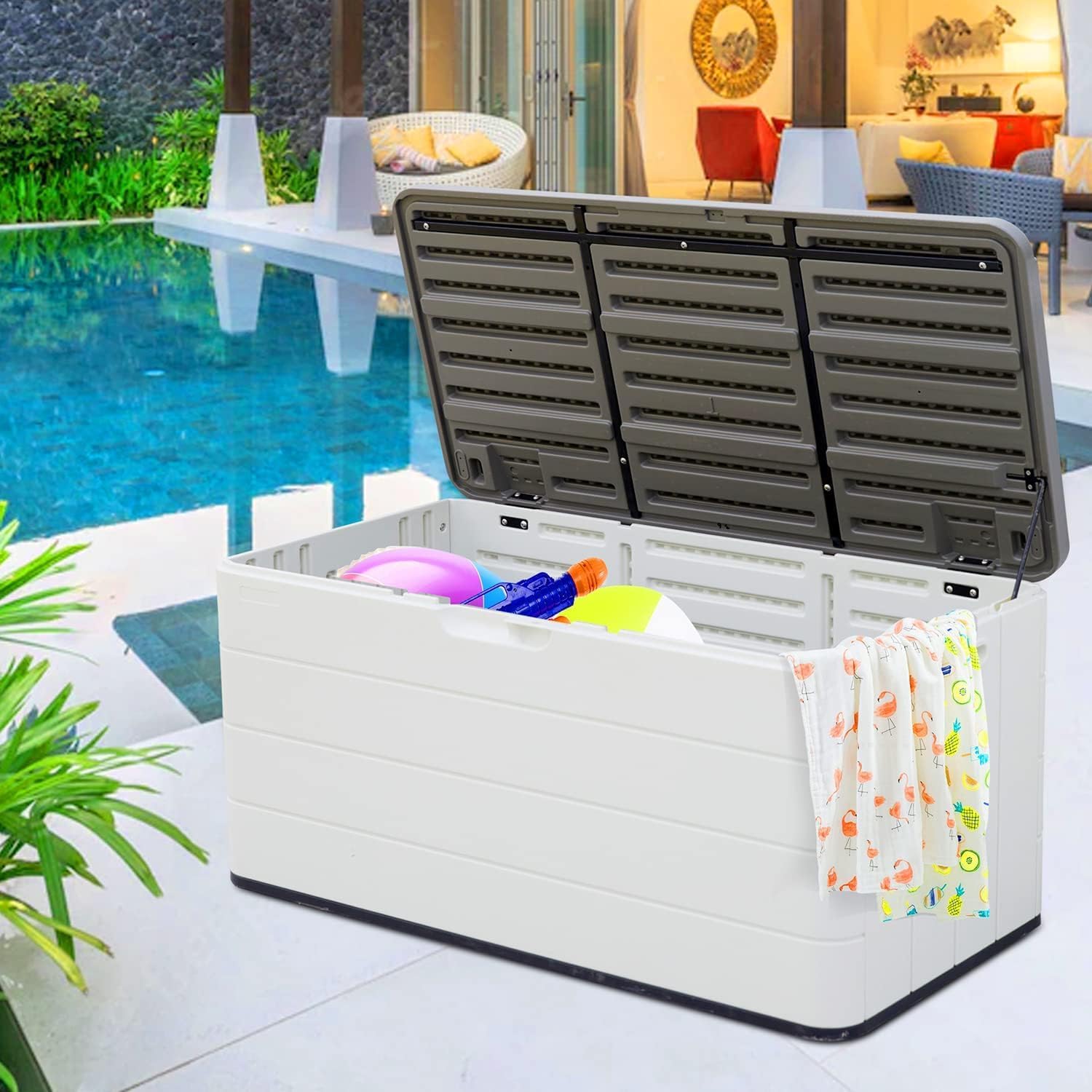 100 GAL Resin Deck Box - Lockable Waterproof Outdoor Storage Bench for Patio Cushions, Garden Tools & Pool Accessories - Wood-Look Texture, White