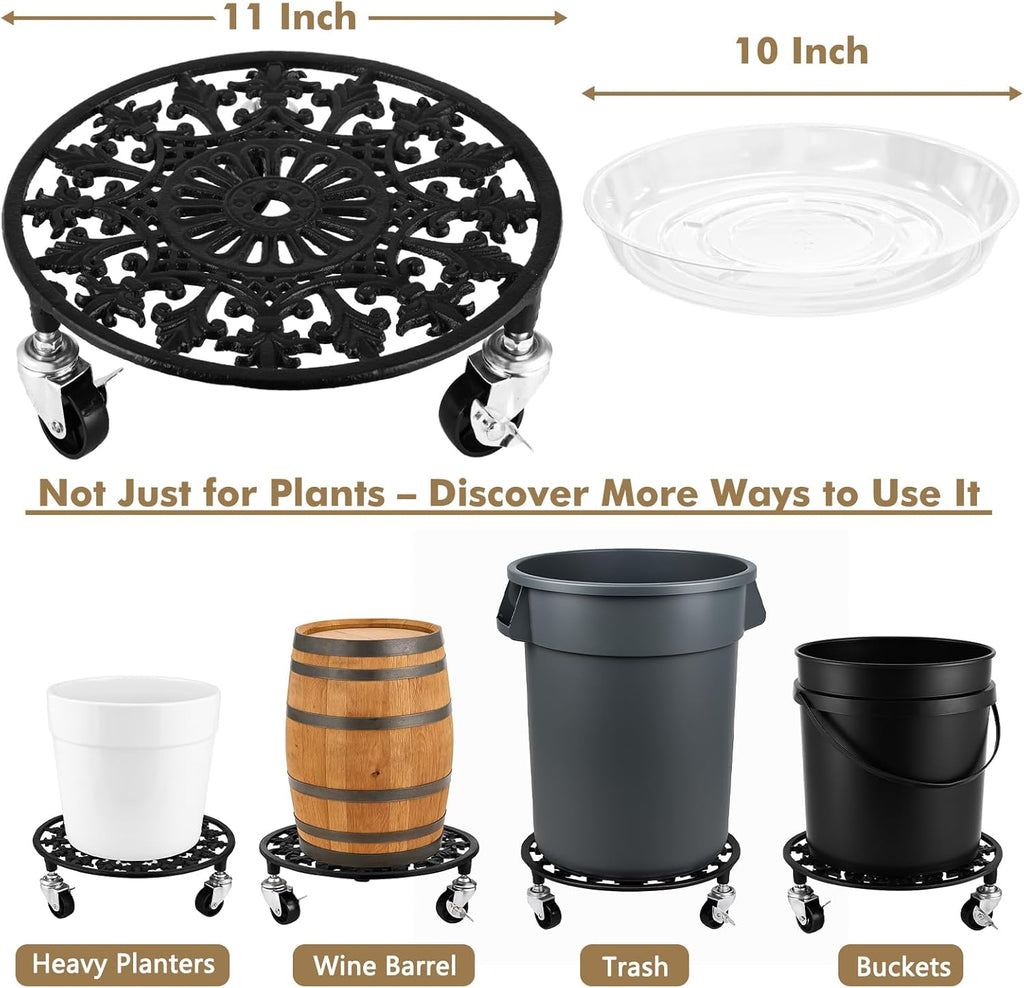 1 Pack Plant Caddy with Wheels 11 Inch Rolling Plant Stand for Large Plants Heavy Duty Plant Rollers Metal Plant Dolly Rustproof Planter Stand Wrought Iron Plant Stands Flower Cart Indoor Outdoor