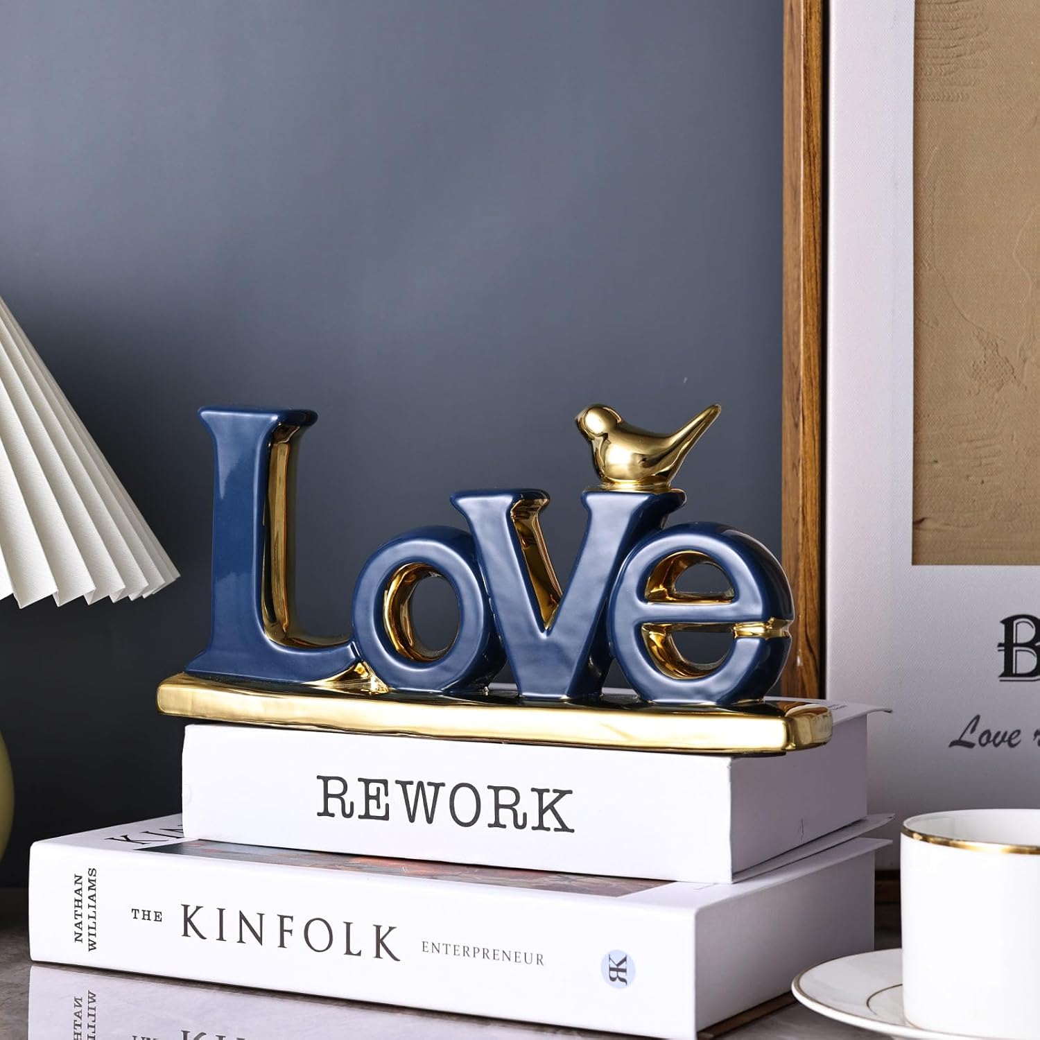 Love Sign Decoration,Blue and Gold Love Signs for Home Decor Statue,Modern Bird Sculpture Personalized Love Decor,Gold Style Figurine Decorative Ornaments for Living Room,Bedroom,Desktop,Cabinets