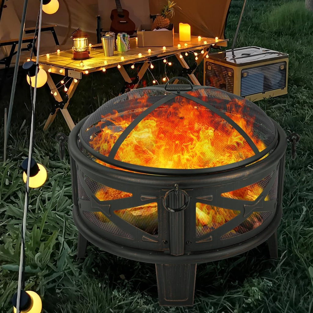 Breezz 26 Inch Wood Burning Fire Pit with Cooking Grill and Spark Screen, Outdoor Metal Round Firepit for Patio, Backyard, Bonfire Party, Camping