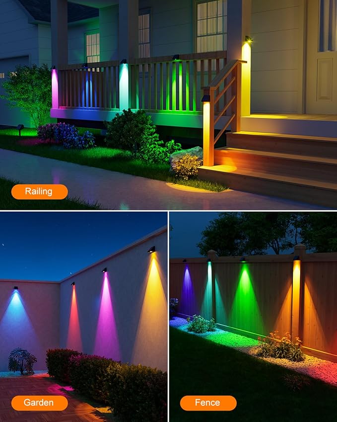 12 Pack Color Changing Solar Powered Fence Lights Outdoor Decorative LED Waterproof Yard Lighting for Outside Wall, Deck, House Patio, Rail, Stair, Backyard, 8 Colorful Modes, Easy 1-Min Installation