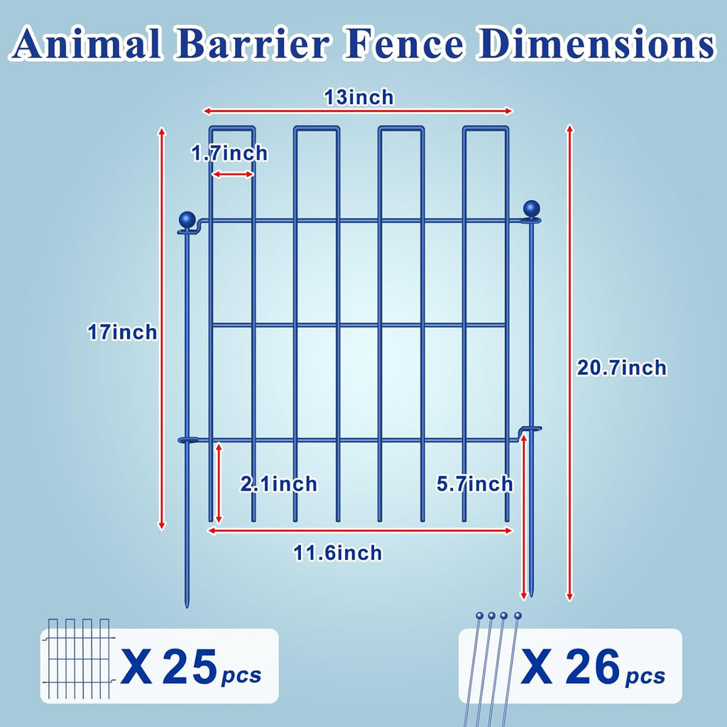 Animal Barrier Fence, 25 Panels Garden Fence Animal Barrier, 27 ft(L)×17 in(H), No Dig Fences for Dogs and Rabbits, Rustproof Metal Garden Fencing, Under Fences Border Barrier for Outdoor, Yard, Patio