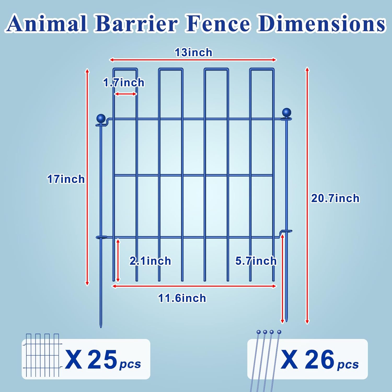 Animal Barrier Fence, 25 Panels Garden Fence Animal Barrier, 27 ft(L)×17 in(H), No Dig Fences for Dogs and Rabbits, Rustproof Metal Garden Fencing, Under Fences Border Barrier for Outdoor, Yard, Patio