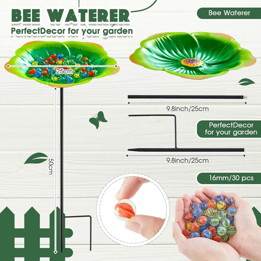 Tandefio Vivid Flower Bee Watering Station Metal Butterfly Water Feeder with 30 Colorful Glass Marbles Bee Feeder Butterfly Bath Bowl for Garden Outdoor Yard Decors(Green,Flower)