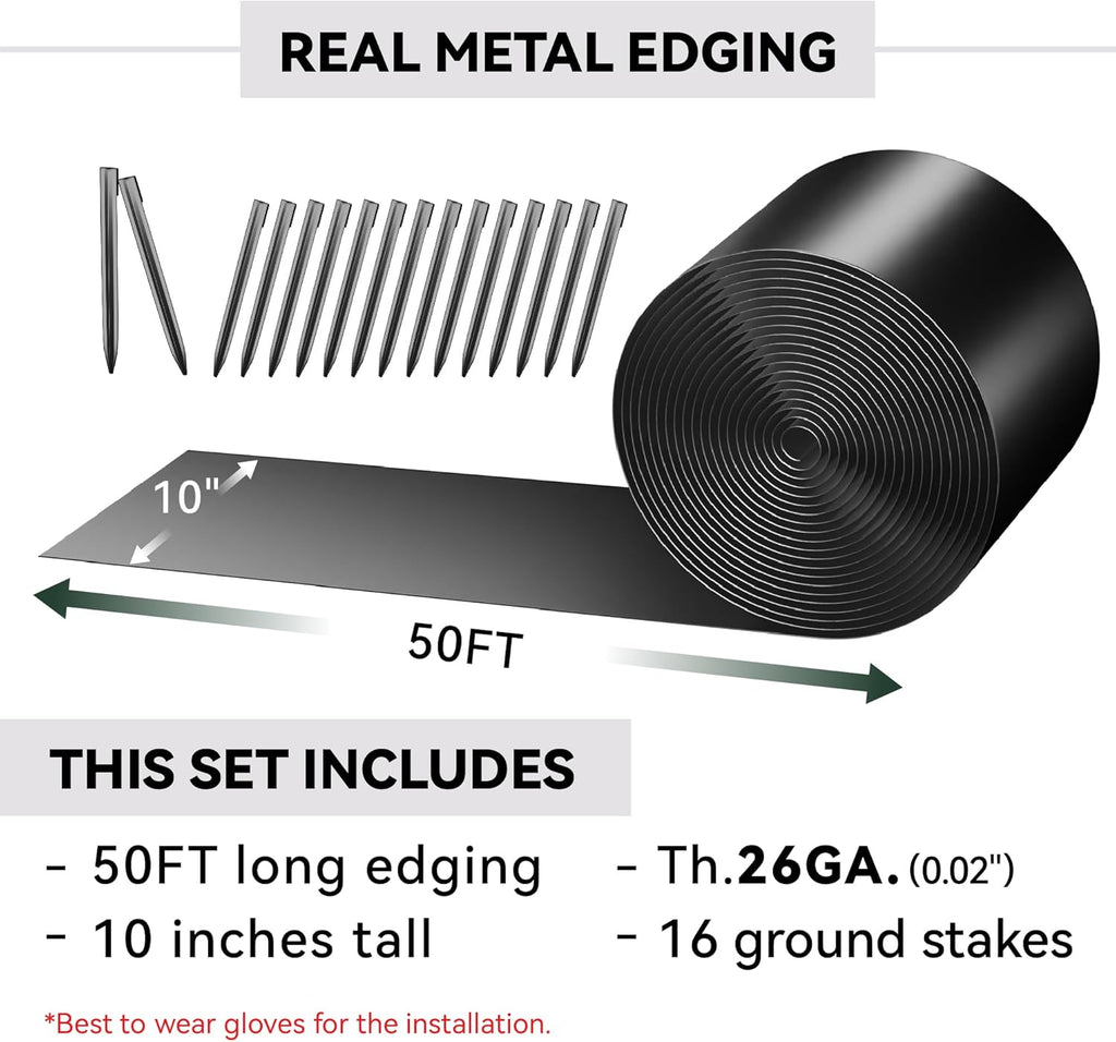 Metal Garden Landscape Edging with 16Pcs Stakes, 10" x 50Ft Galvanized Steel Lawn Edgings Roll Flexible Coil Border for Landcaping,Flower Bed,Black