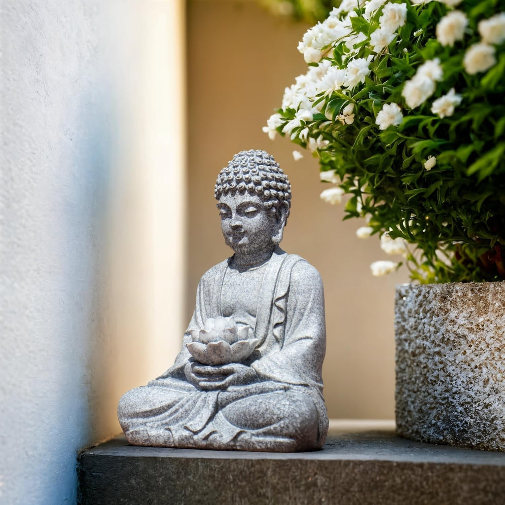 Buddha Lotus Statue with Solar Lights, Resin LED Figurine for Garden Decor – Unique Gift for Women and Friends(Grey Buddha)